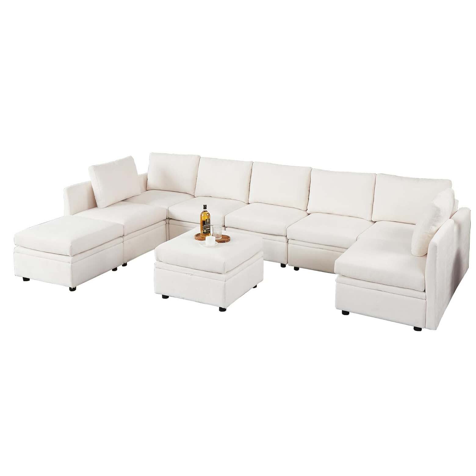 Qeetex CCVAM-33FU63SU 9 Seater Modular Sectional Sofa Chenille Underseat Storage Beige