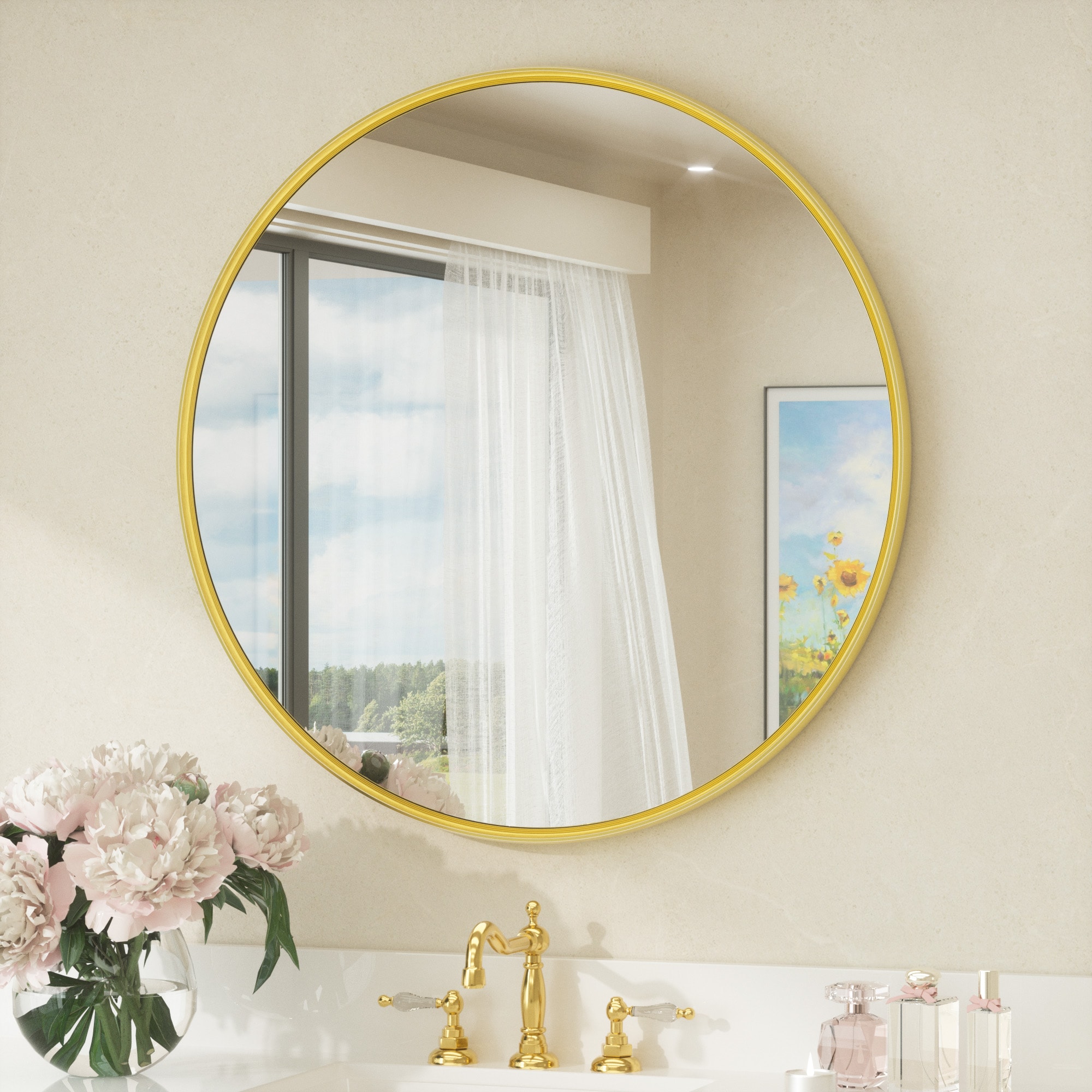 Keonjinn LW-YX18-R71GD Bathroom Mirrors 28-in W x 28-in H Round Brushed Gold Beveled Wall Mirror