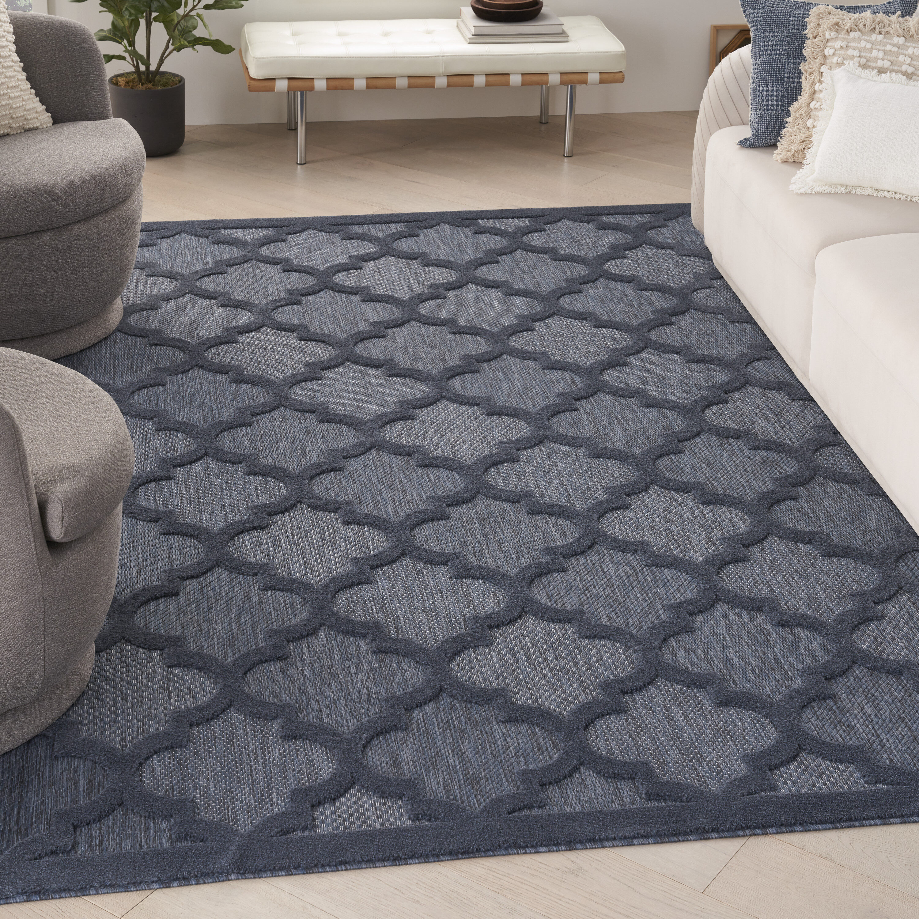 Navy Blue Trellis Synthetic Flat Woven 7' x 10' Area Rug