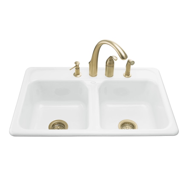 Delafield Drop-In Cast Iron 33 in. 4-Hole Double Bowl Kitchen Sink in White Delafield Drop-In Cast Iron 33 in. 4-Hole Double Bowl Kitchen Sink in White