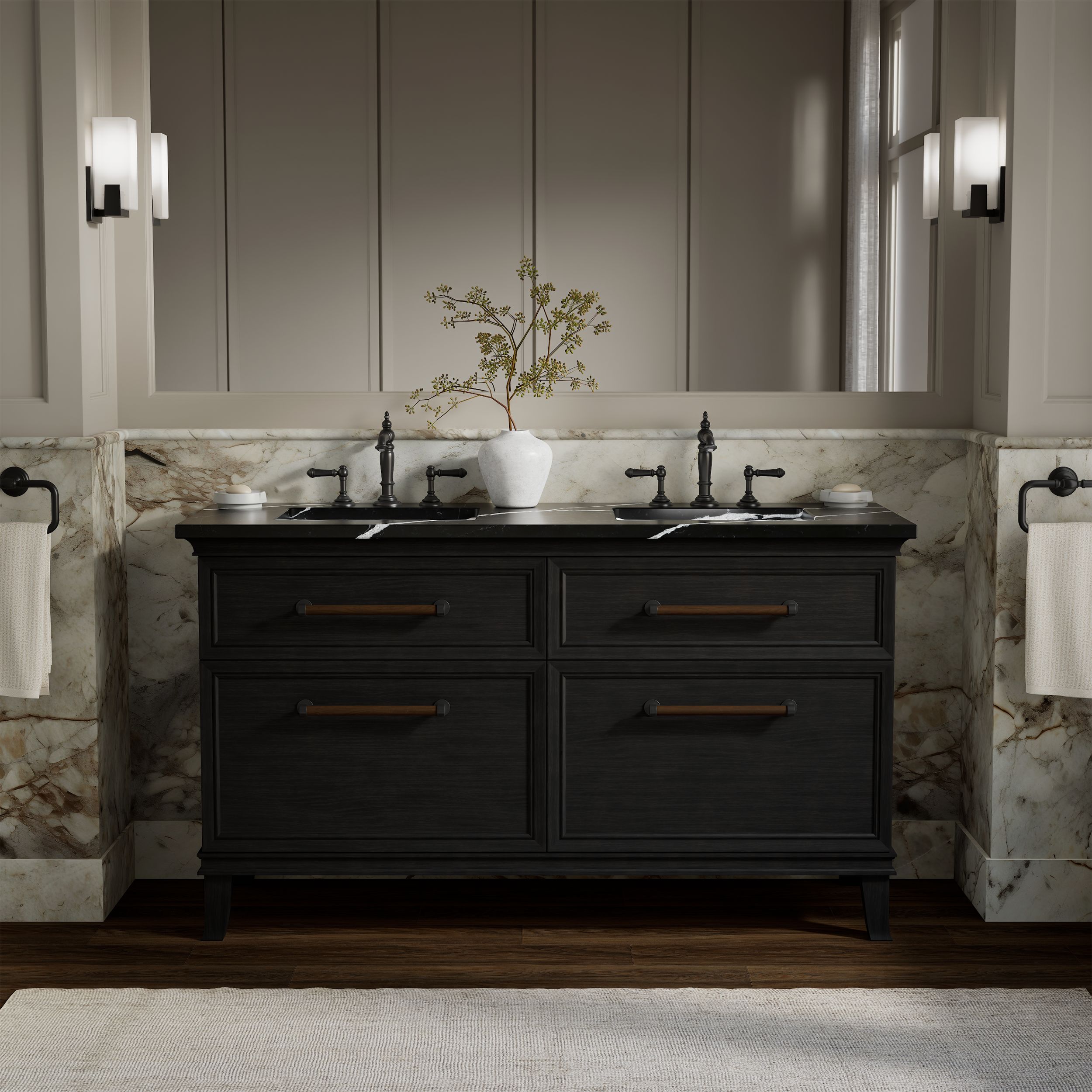 KOHLER Artifacts 60-in Carbon Oak with Eternal Marquina Top with Black Hardware Undermount Double Sink Bathroom Vanity with White Quartz Top