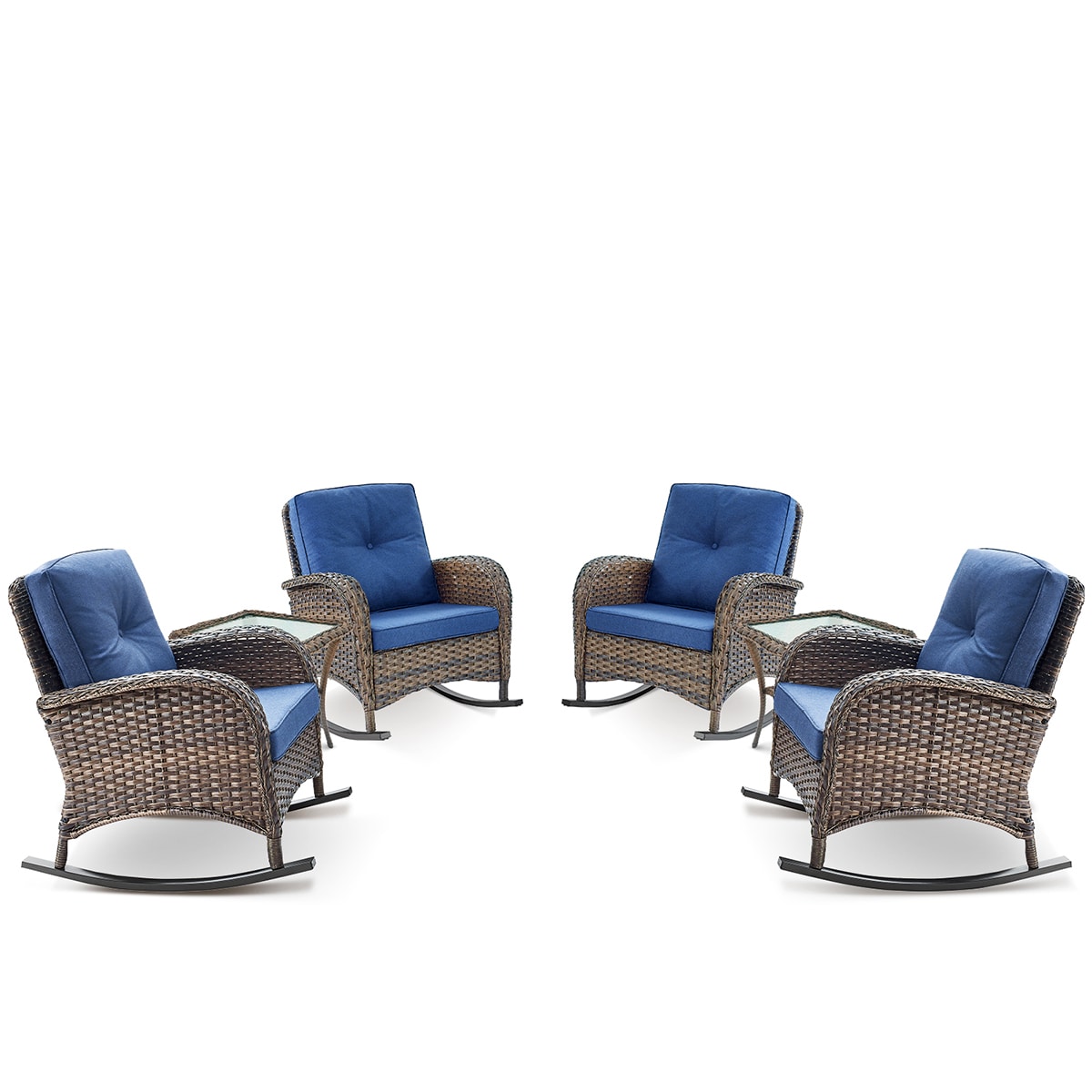 Rilyson FS086X2-1 KEY WEST Set of 4 Wicker Brown Wicker Frame Rocking Chair with Brown Blue Cushioned Seat
