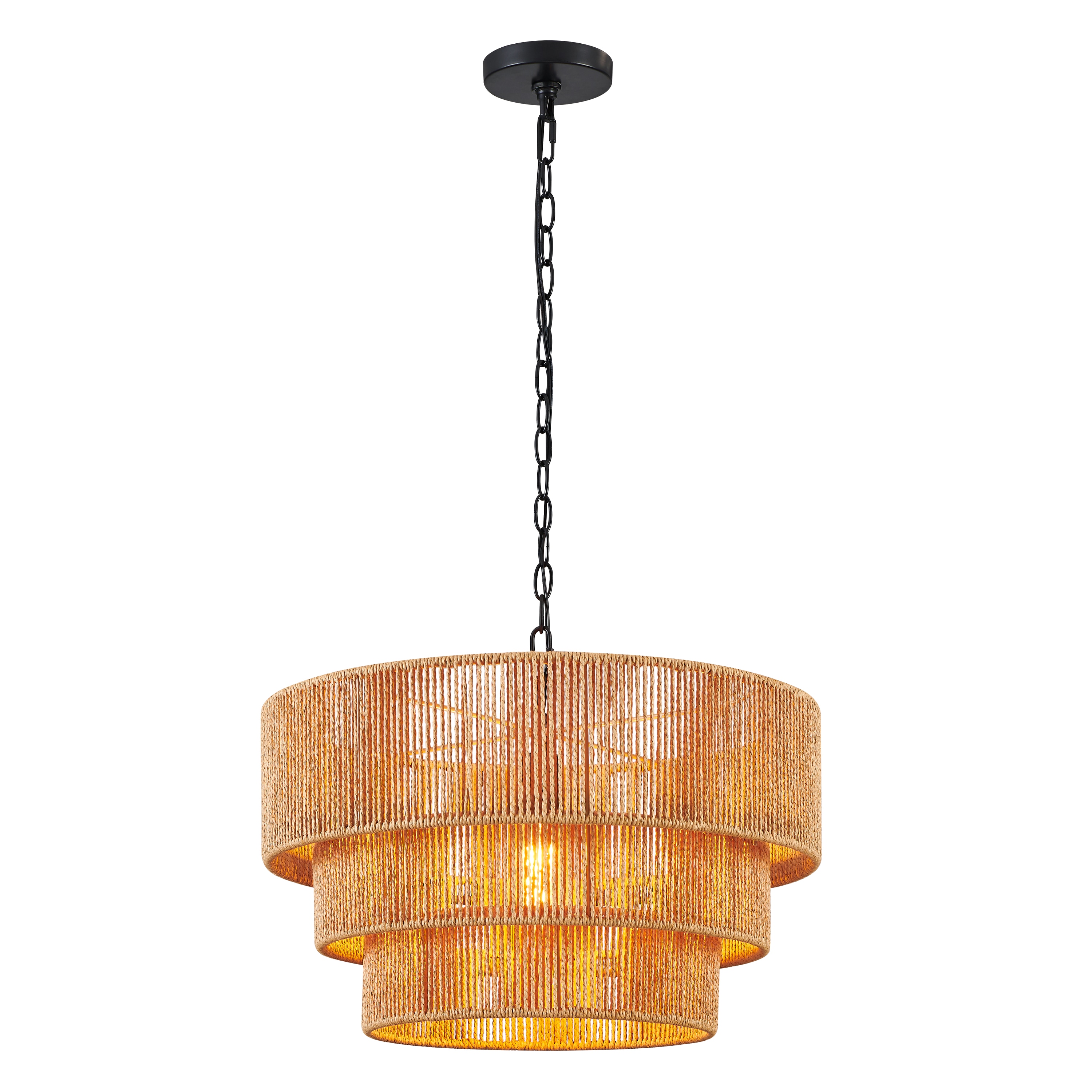 KAWOTI 21374 Luceo Matte Black Canopy With Brown Shade Coastal Drum Medium Hanging Pendant light