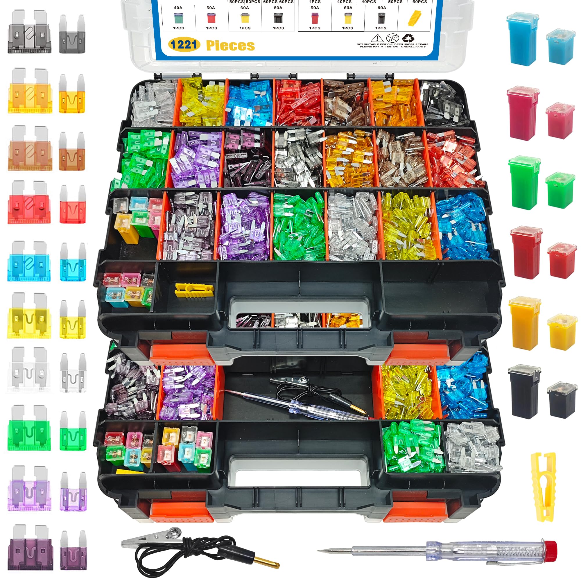 Adrinfly  1221 Piece Car Fuse Assortment Kit Mini Standard Blade Tall Profile Automotive Fuses with Fuse Puller and Circuit Tester for Cars
