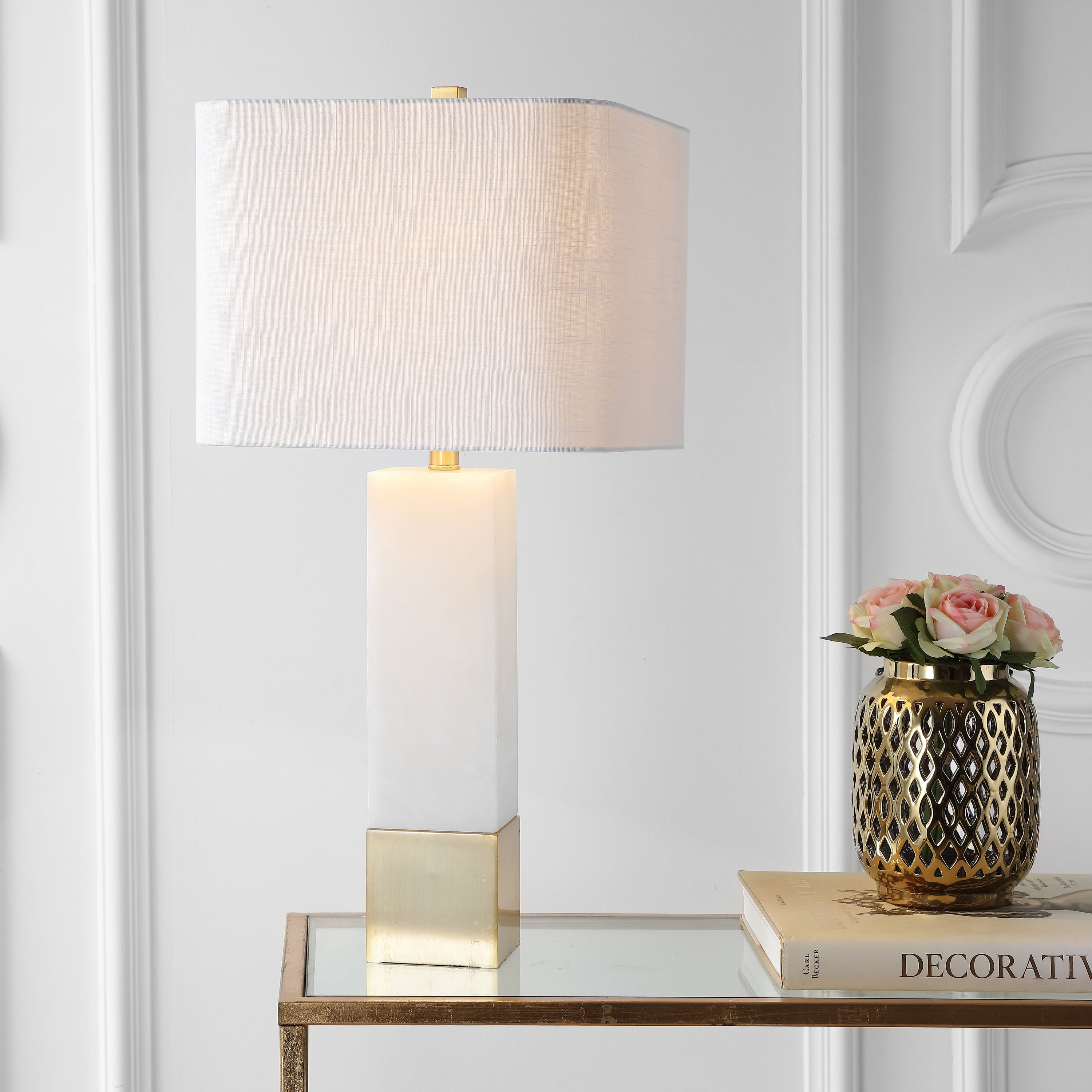JONATHAN  Y JYL5009A Jeffrey Metal/Marble Contemporary Transitional 29-in Gold LED Incandescent Rotary socket Table Lamp with Linen Shade