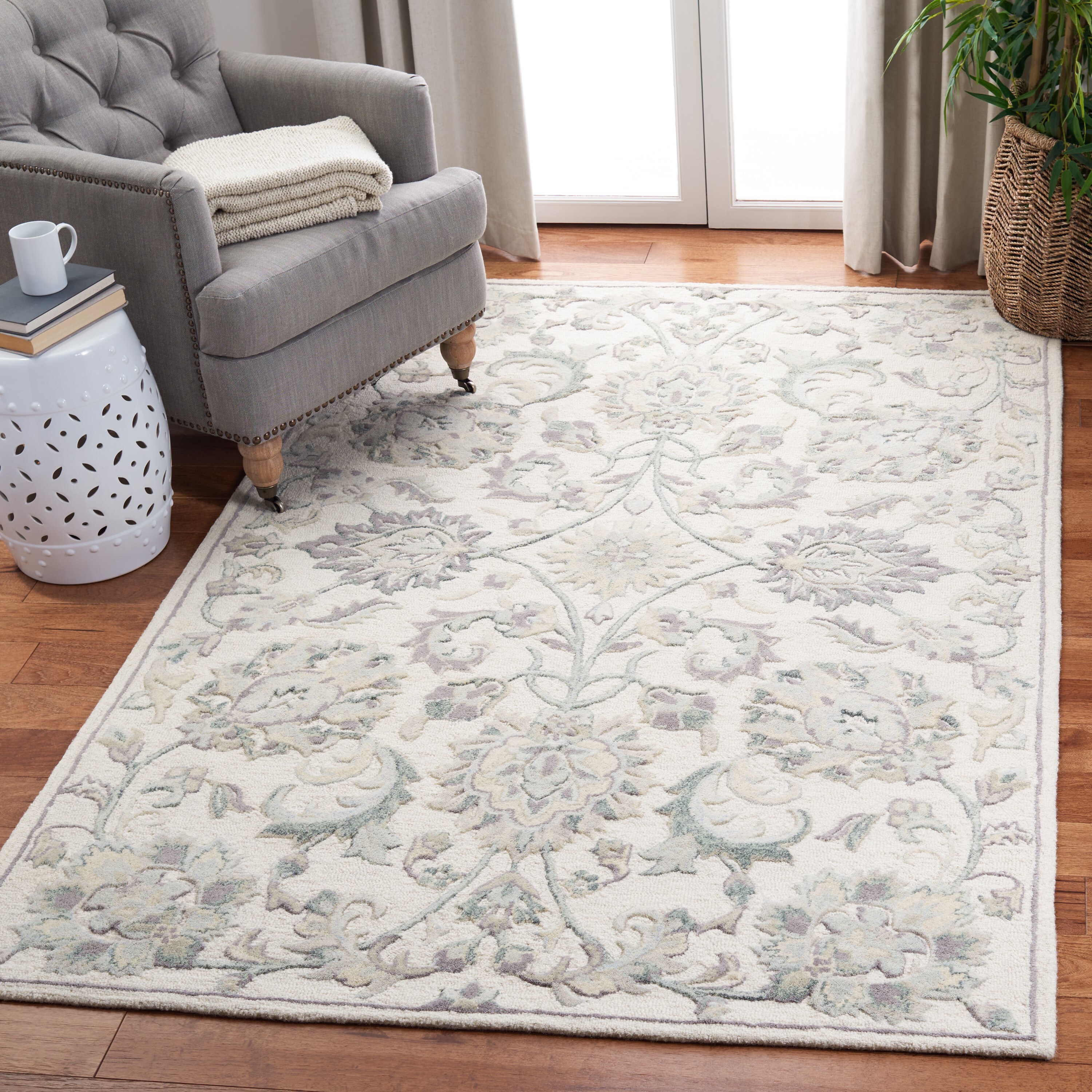 Safavieh GLM624A-6SQ Glamour Delphi 6 x 6 (ft) Tufted Wool Ivory/Gray Square Indoor Floral/Botanical Farmhouse/Cottage Area rug