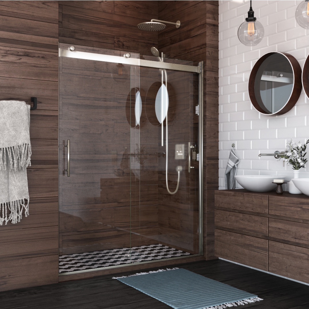Holcam L2BSEBNKCLR6076EC2 Brushed Nickel 56-in to 60-in W x 76-in H Frameless Sliding Shower Door 5/16-in Thick Clear Glass