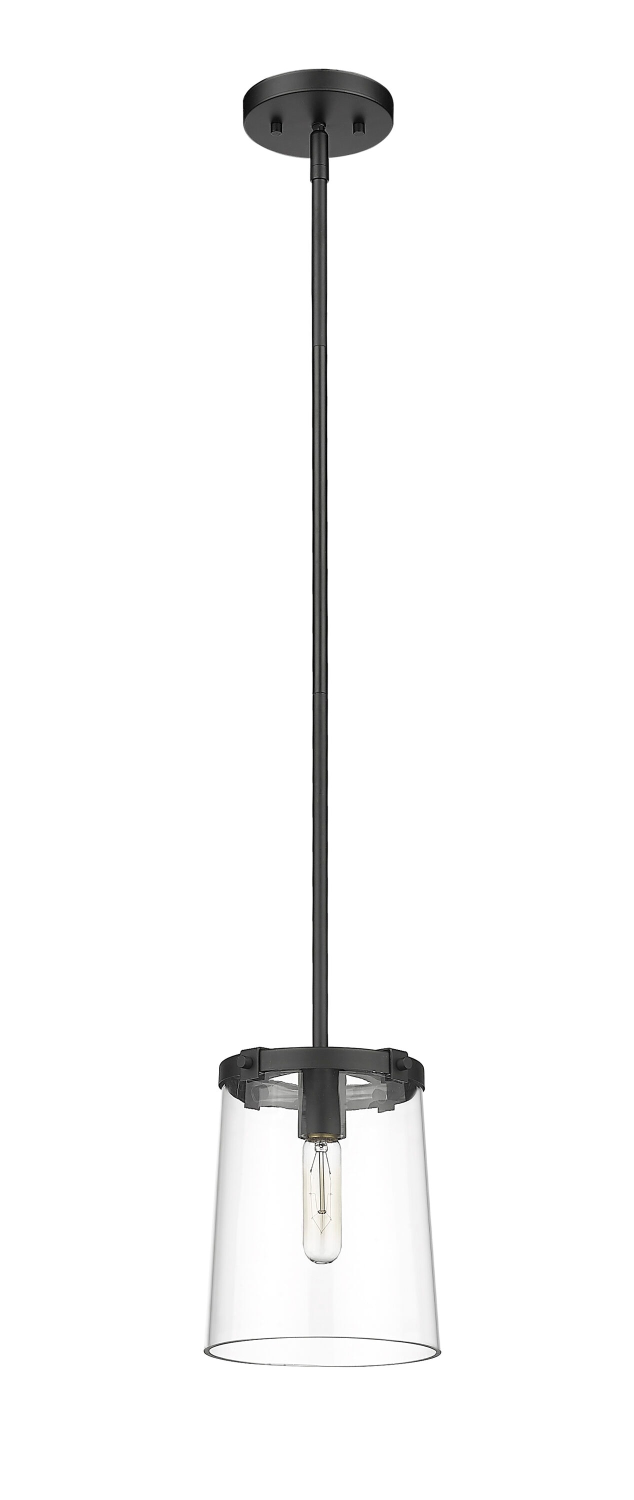 Transitional Matte Black Mini Pendant with Tapered Glass Shade