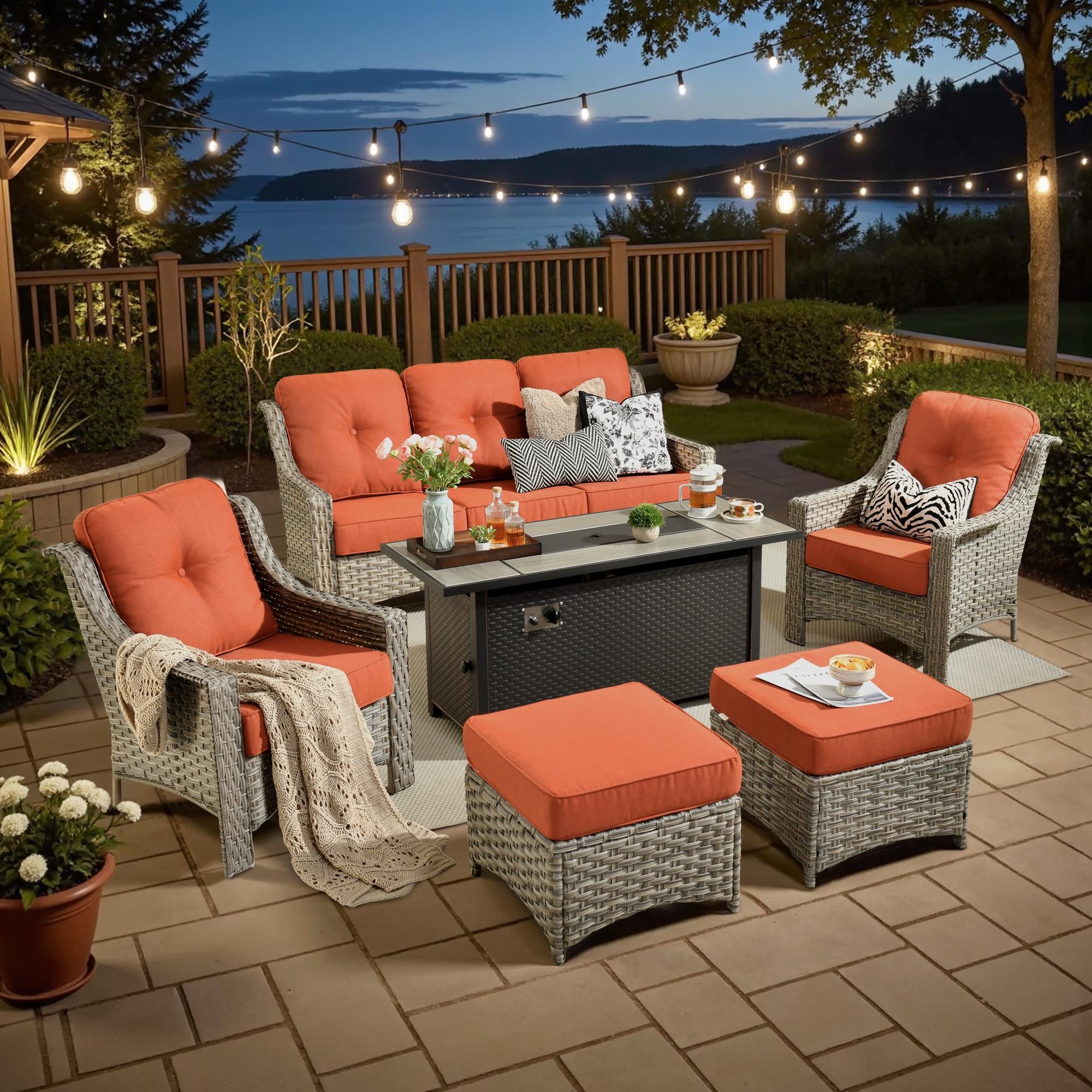 XIZZI XIPAD8C054-IFP54 Pyrophyllite 6 -Piece Rattan Patio Sofa Conversation Set with Orange Cushions