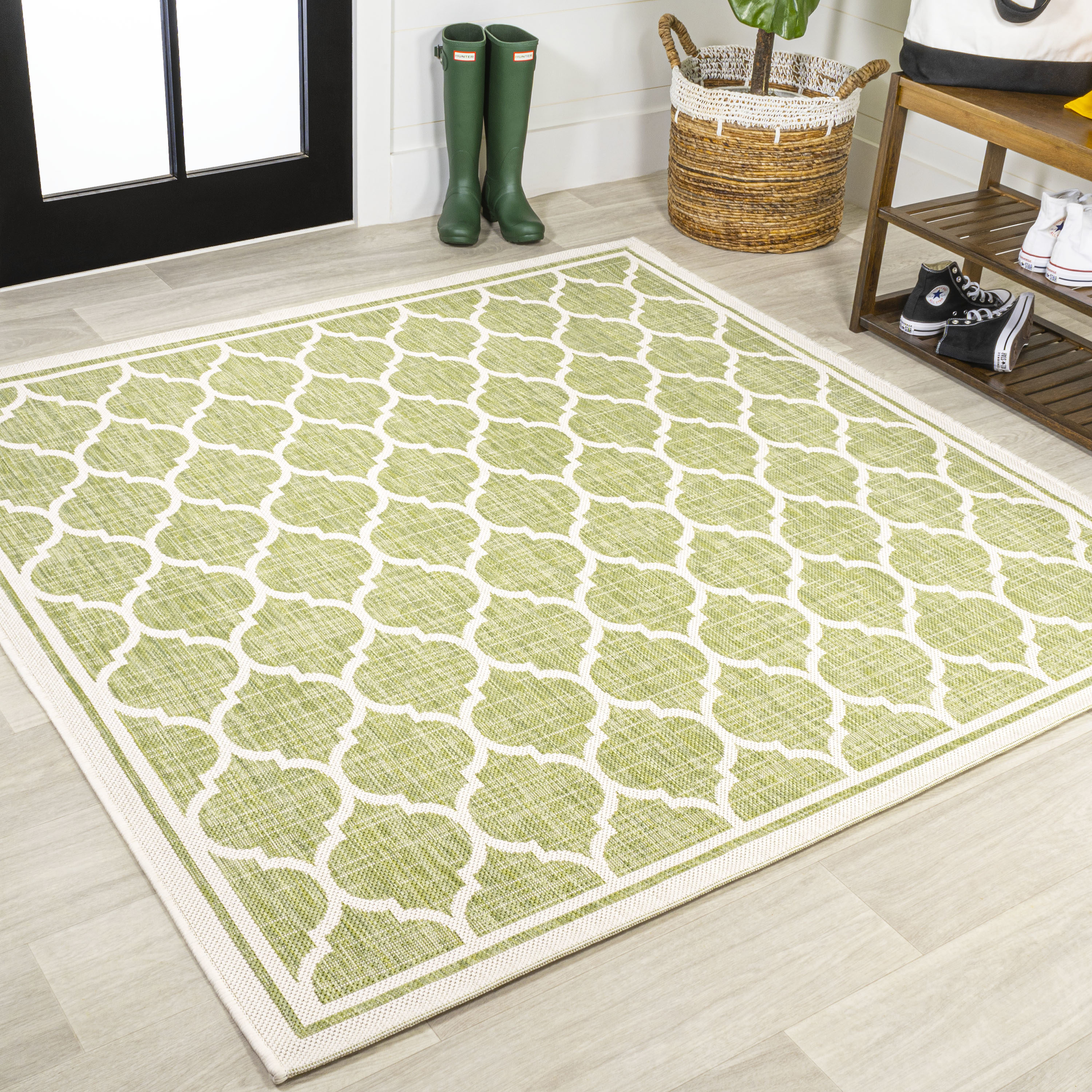 JONATHAN  Y SMB109G-5SQ Santa Monica Trebol Filigree Textured Weave 5 x 5 (ft) Loomed Polypropylene Green/Cream Square Indoor/Outdoor Tribal Coastal Area rug