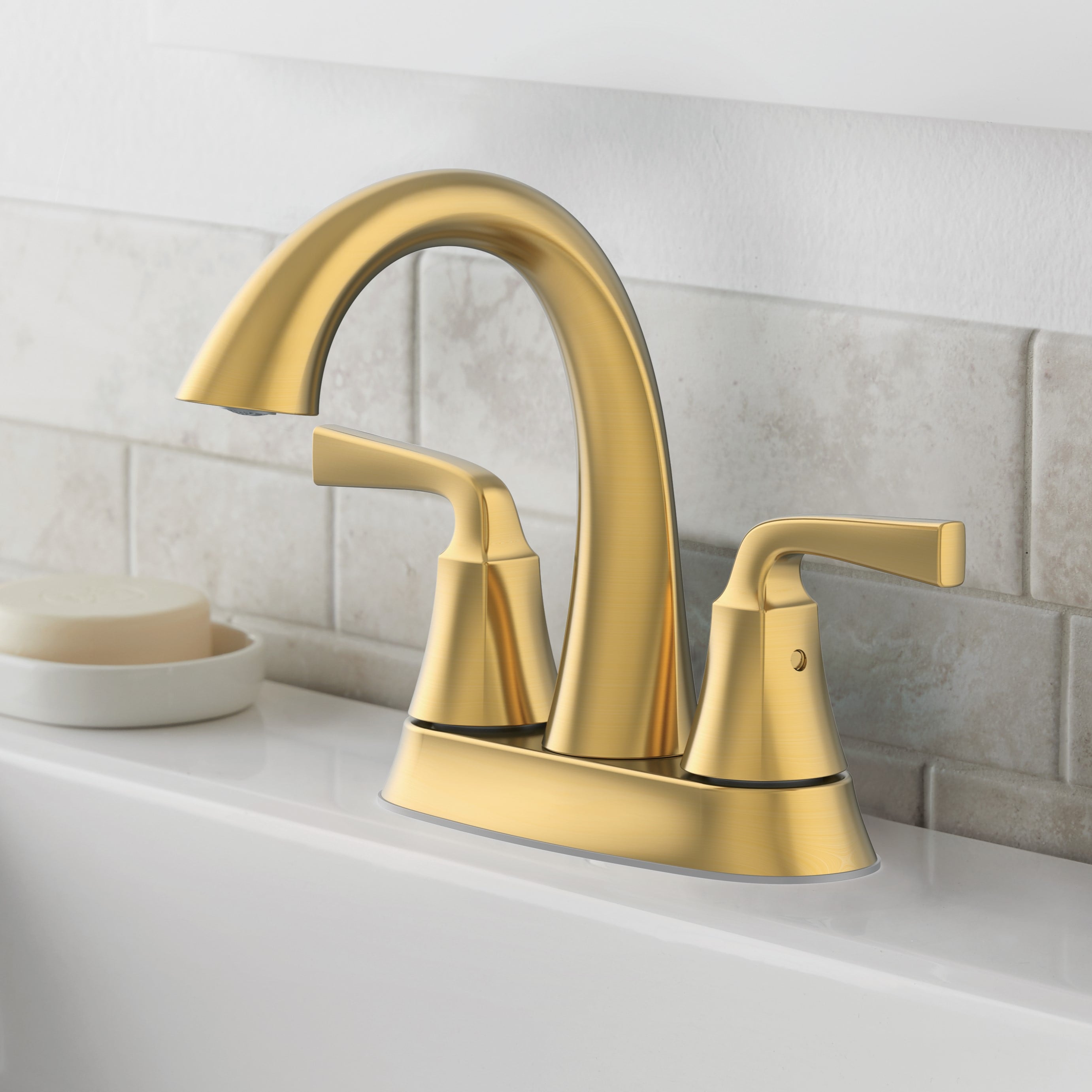 allen + roth 67123W-604408 Mullen Brushed Gold 4-in centerset 2-handle WaterSense Mid-arc Residential Handle Bathroom Sink Faucet with Drain with Deck Plate