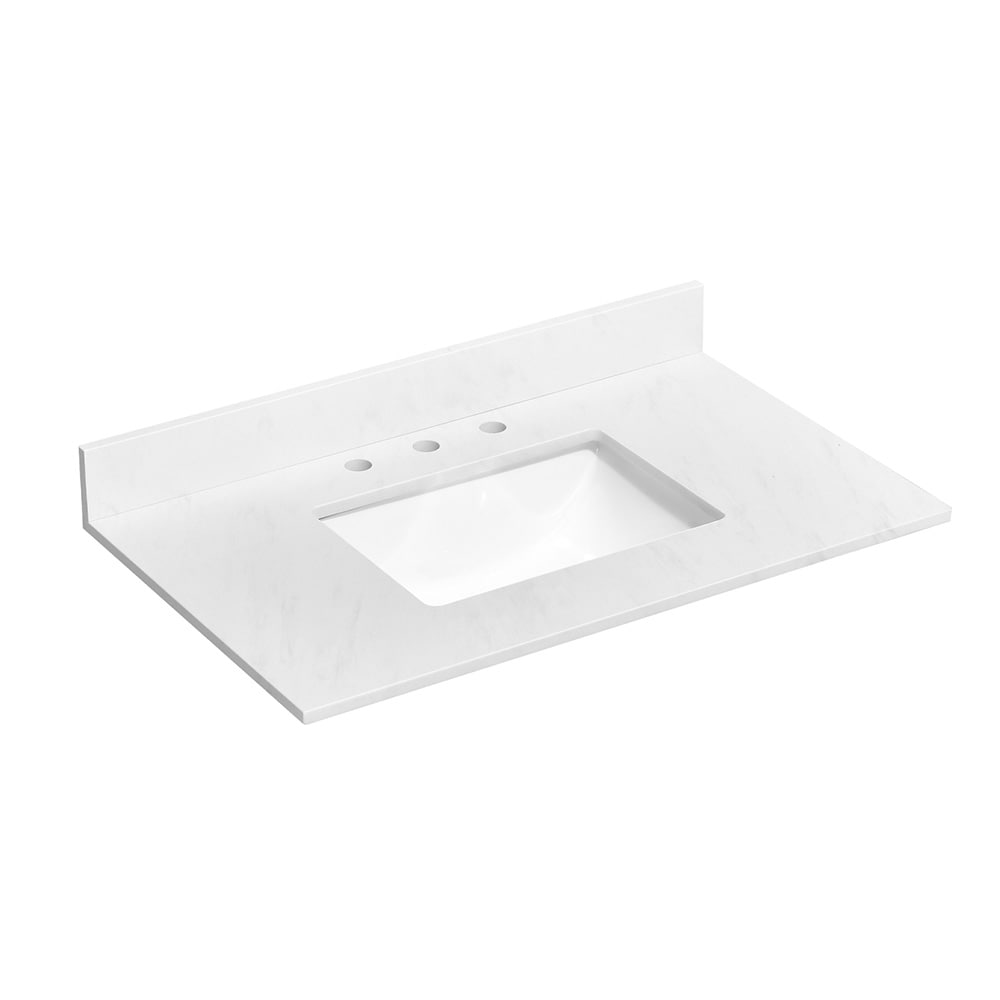 EQLOO 36x22 Inch Quartz Vanity Top with Sink Cirrus White Rectangular Undermount Middle Ceramic Sink 4 Inch Backsplash 8 Inch Faucet Holes