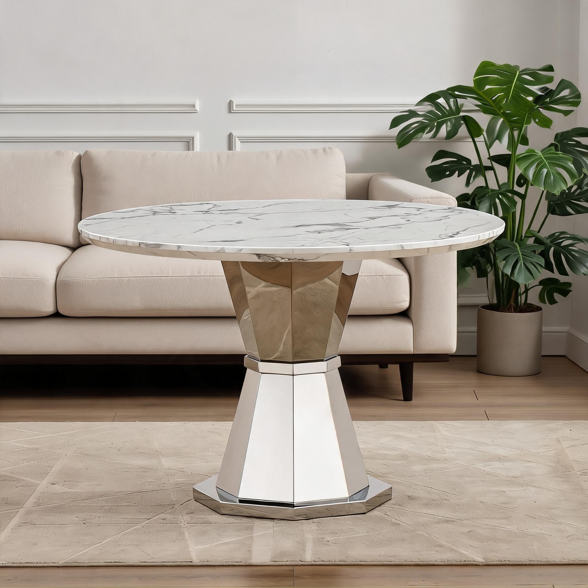 Watnature Crisp White Modern Round Dining Table 47 Inch 4-Seat Table with High Gloss Faux Marble Top and Stainless Steel Base #BHHDYPYMQA8Q