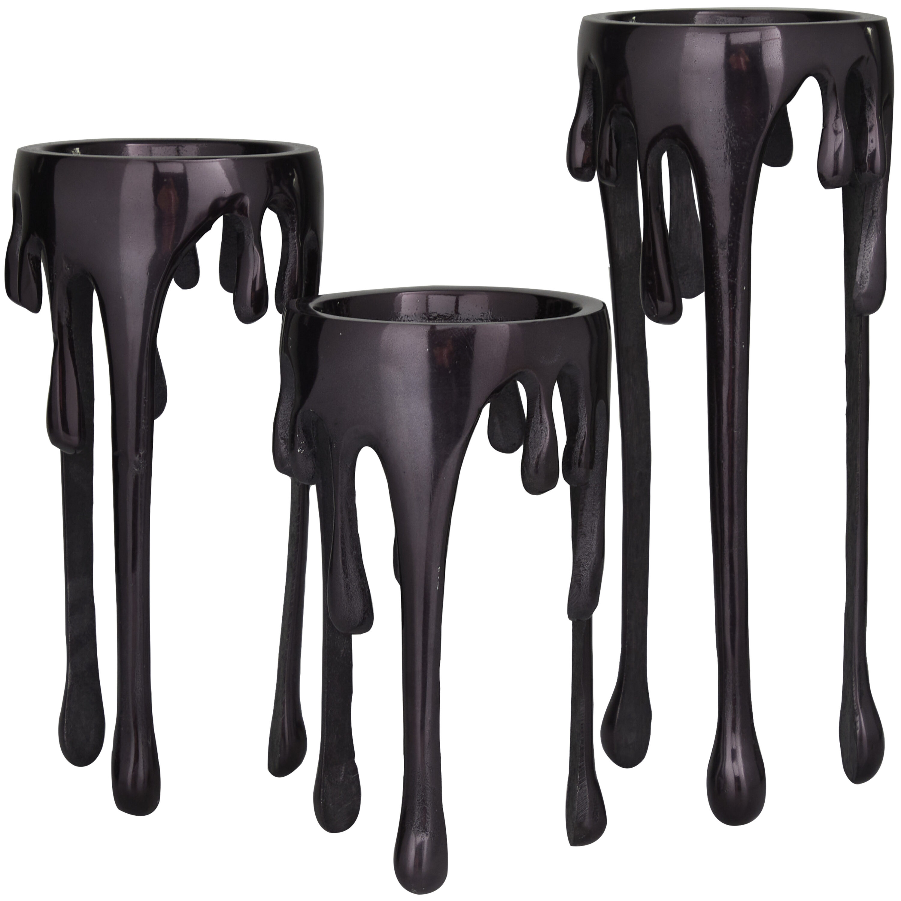 Contemporary Black Metal Pillar Candle Holder Set with Melting Design, 3 Pieces