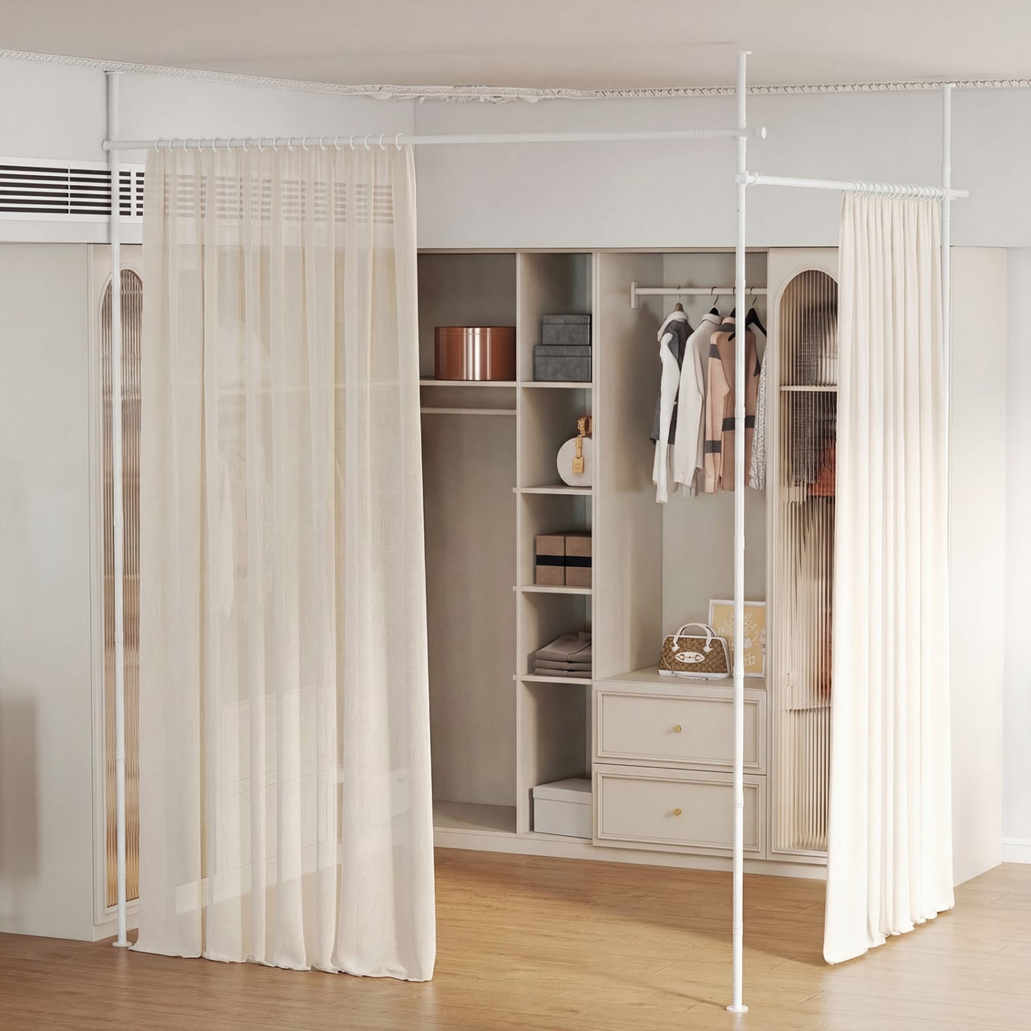 Slickblue White/Black Metal Room Divider Curtain Rod with Adjustable ...