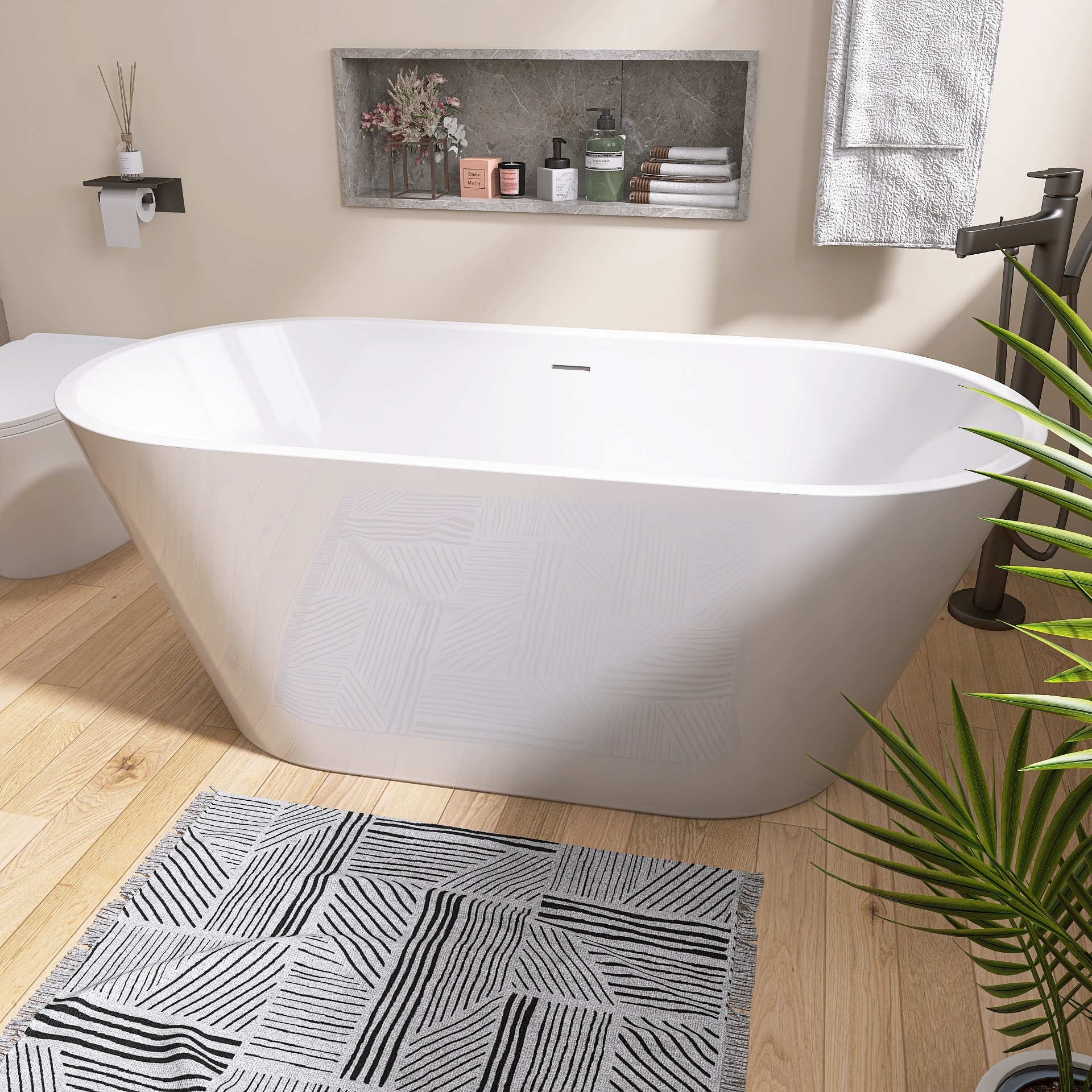 WELLFOR GTLSTTCBK 59-in x 29.5-in Glossy White Acrylic Oval Freestanding Soaking Bathtub with Drain ( Center Drain )