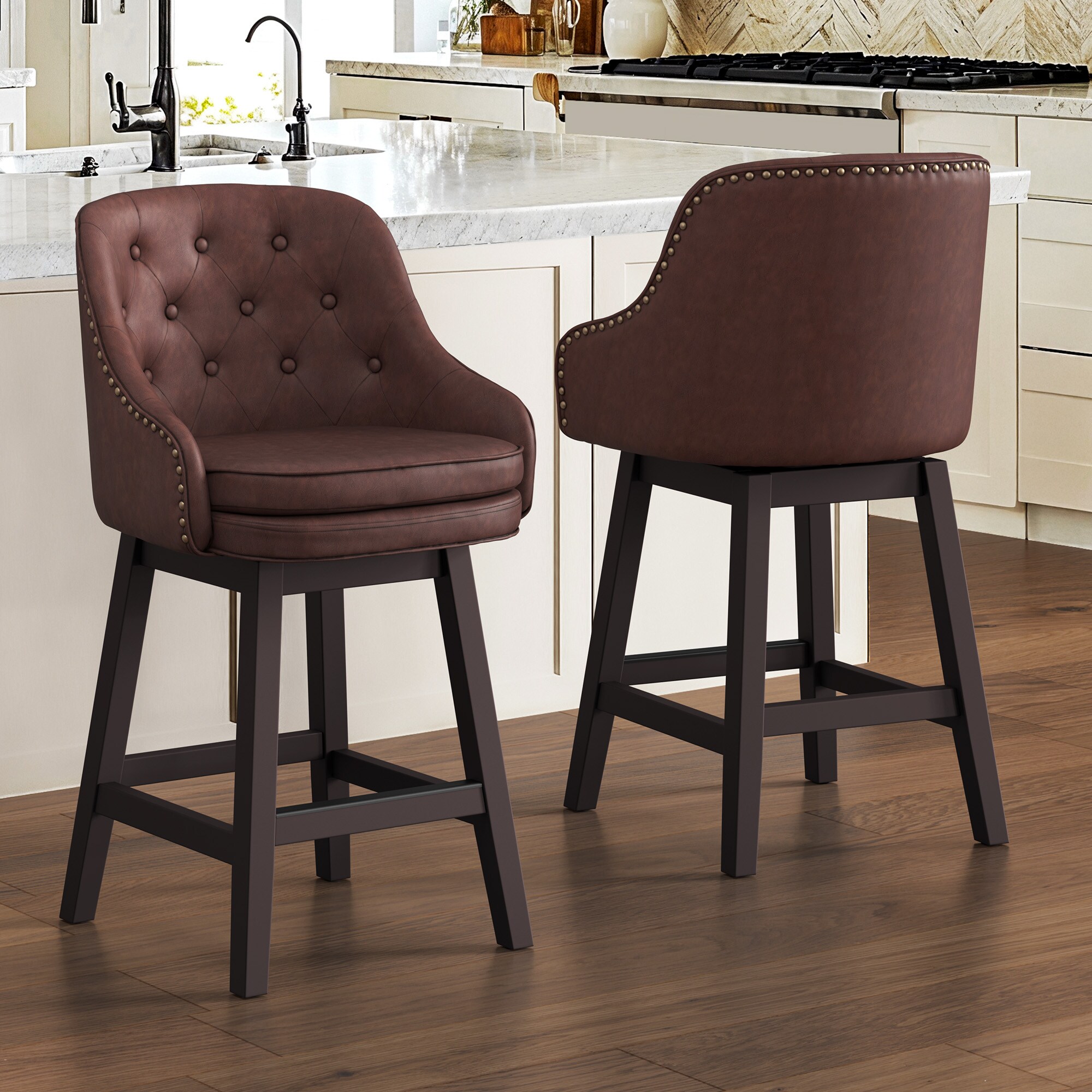 LUE BONA YB-170-01LS Set of 2 Brown/Faux Leather 26.5-in H Counter height (24-in to 27-in) Square Seat Upholstered Swivel Wood Back Bar Stool Back
