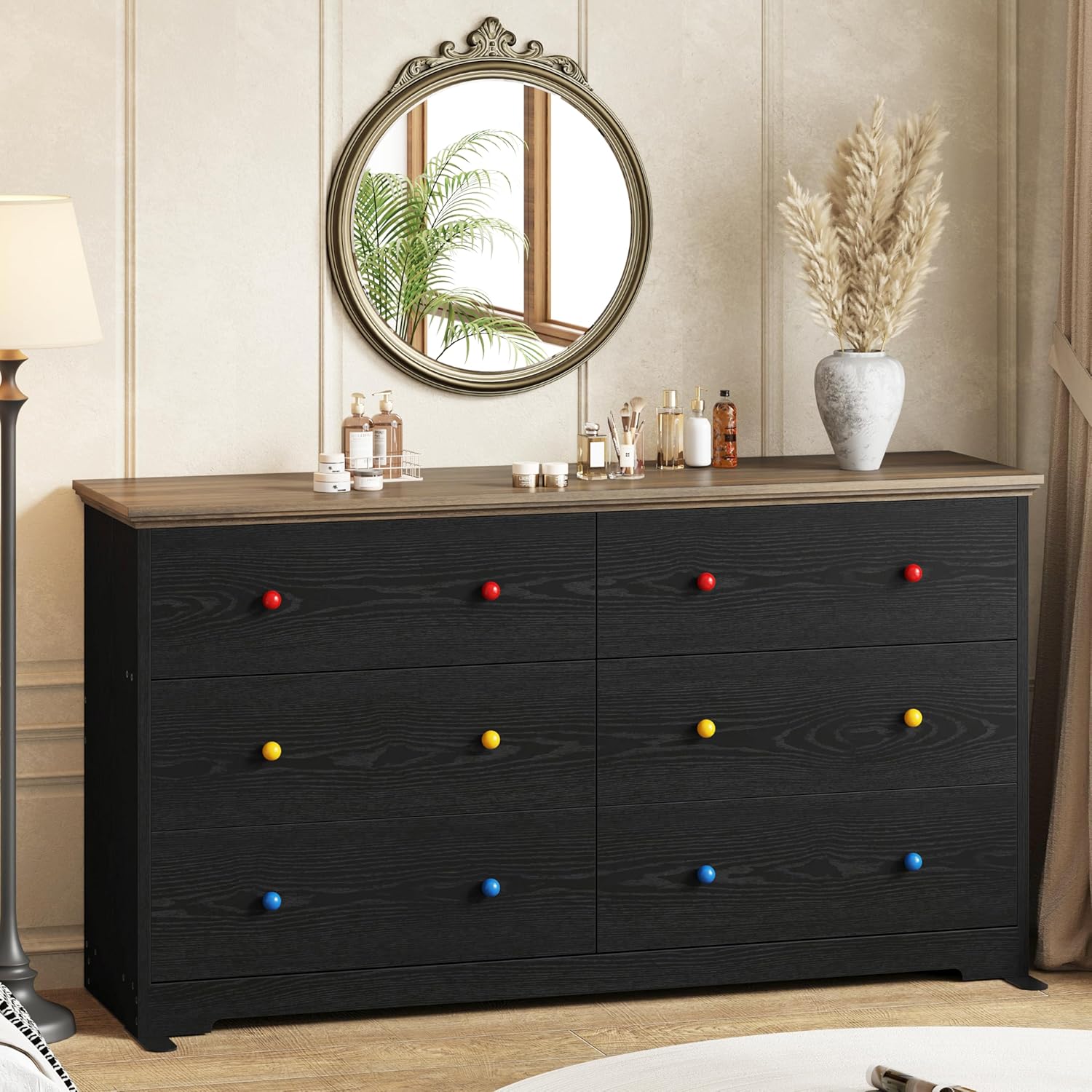 Likimio JWUM68EPFXIOVNYN 59.05-in W Black 6 Drawer Dresser with Colorful Handles and Metal Sliding Rail