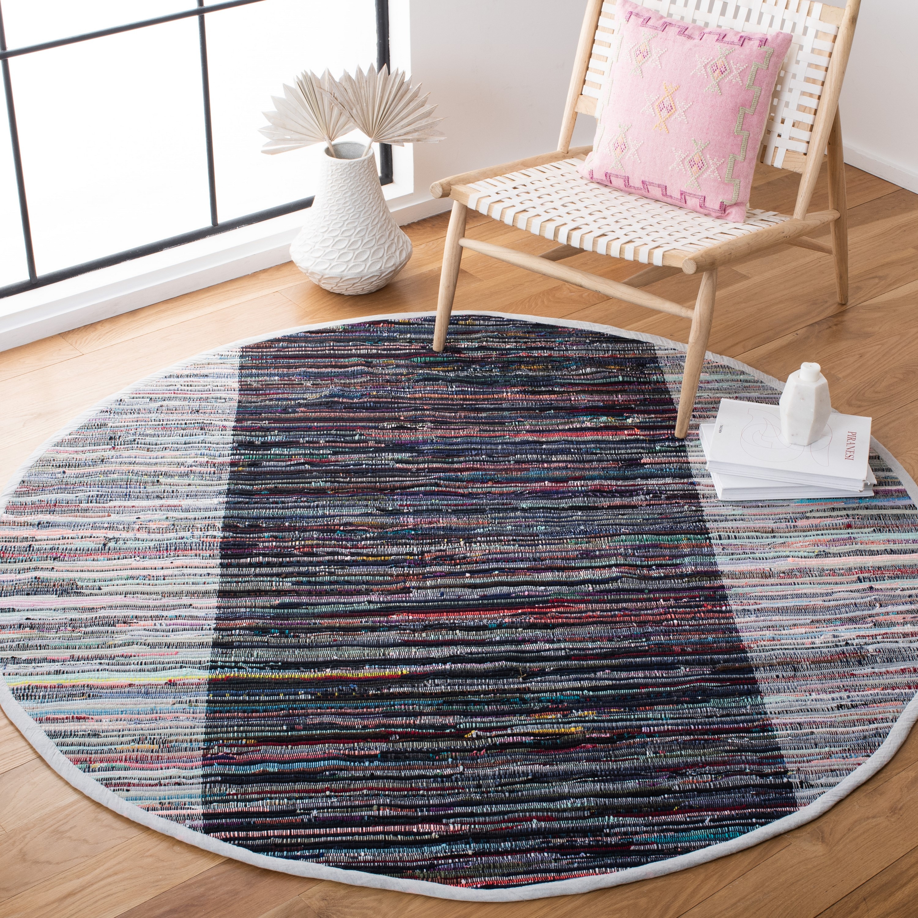 Safavieh RAR122F-6R Rag Rug Romeo 6 x 6 (ft) Cotton Gray/Black Round Indoor Abstract Bohemian/Eclectic Area rug