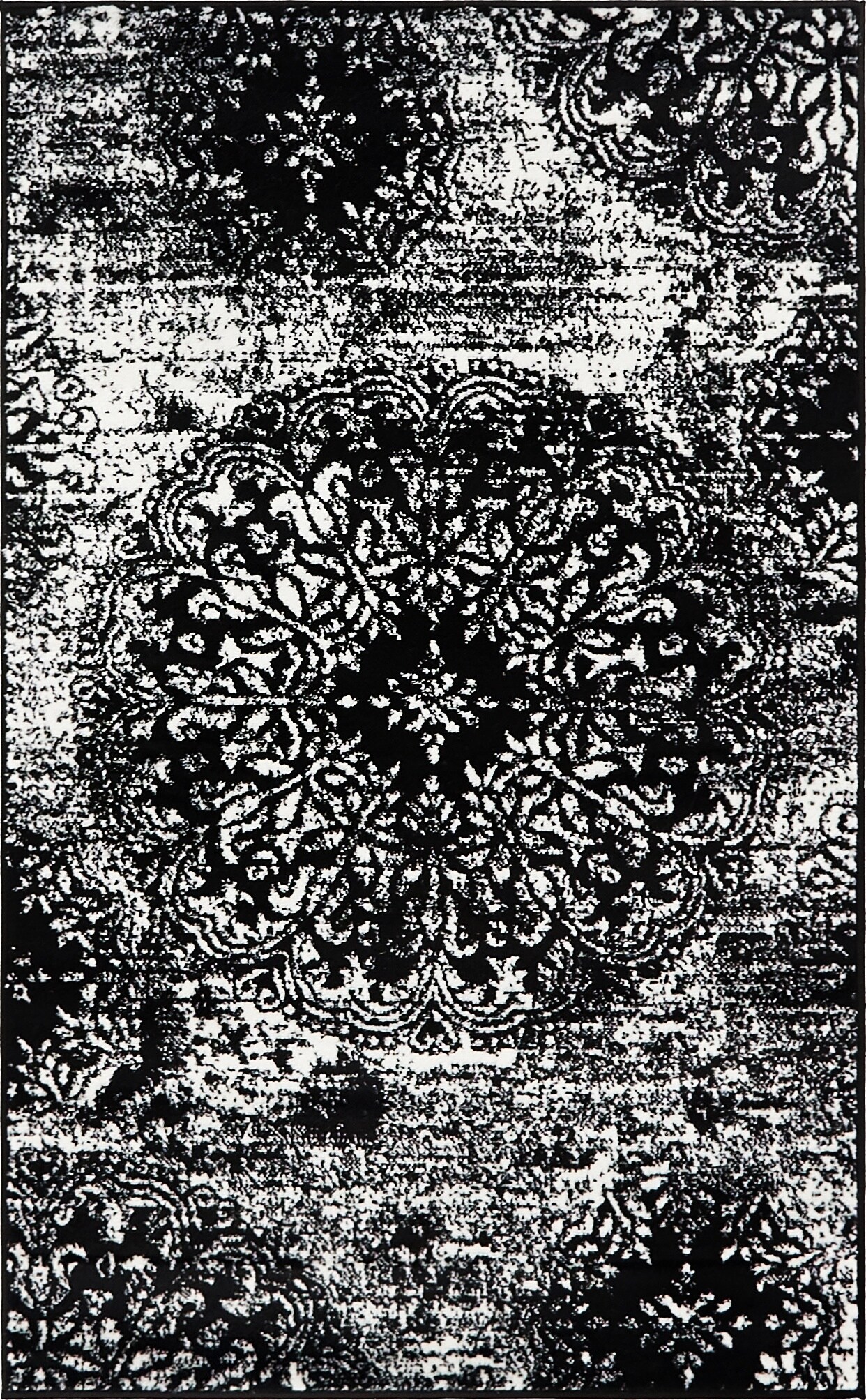Black and White Synthetic Low Pile Bohemian Accent Rug