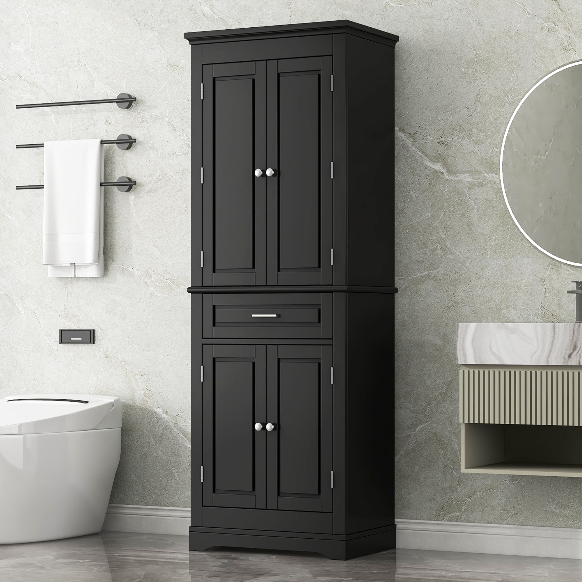 ModernLuxe Assembly Required Tall Bathroom Storage Cabinet with MultiFunctional Storage Space 4 Doors and 1 Drawer with Slide Rails Adjustable Shelf Metal Handles Black #L3P-N725P506984B