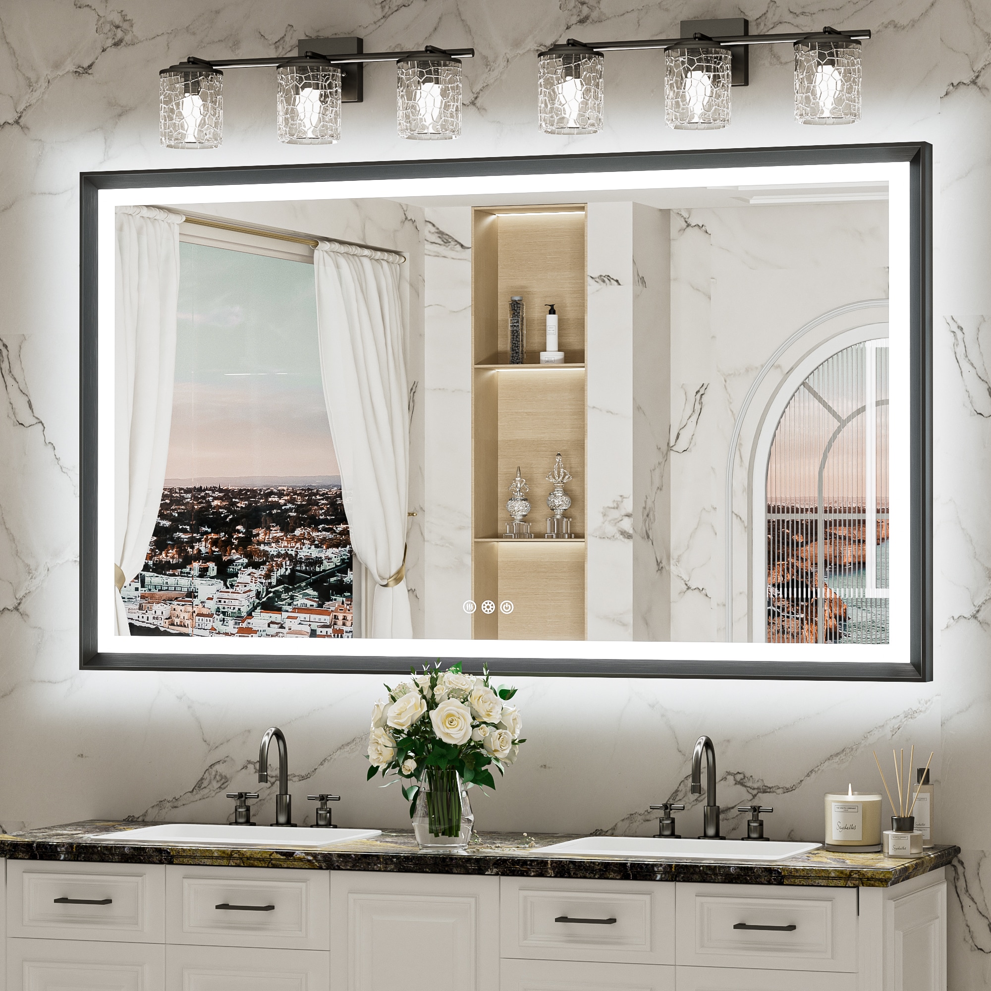 Keonjinn LW-ZBGSSW-15291BK Backlit Bathroom LED Lighted Mirrors 60-in x 36-in Framed Rectangle Dimmable LED Lighted Fog Free Bathroom Vanity Mirror ( Brushed Black )