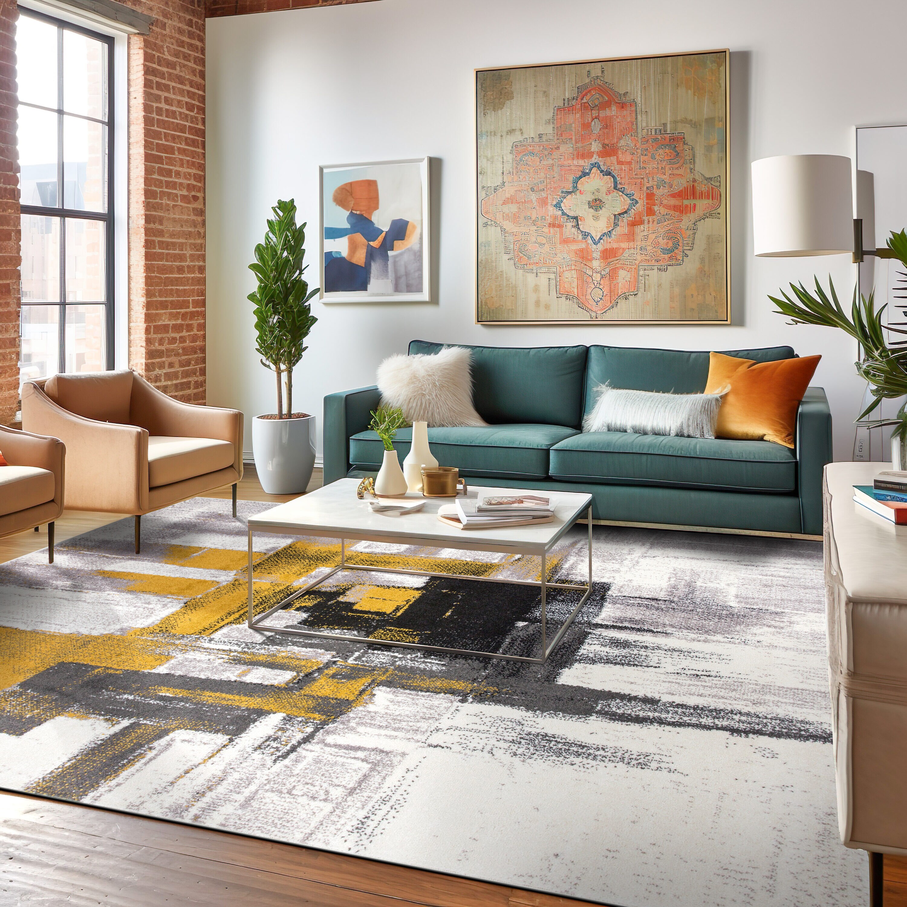 Contemporary Abstract Gold and Gray Synthetic 6'6" x 9' Area Rug