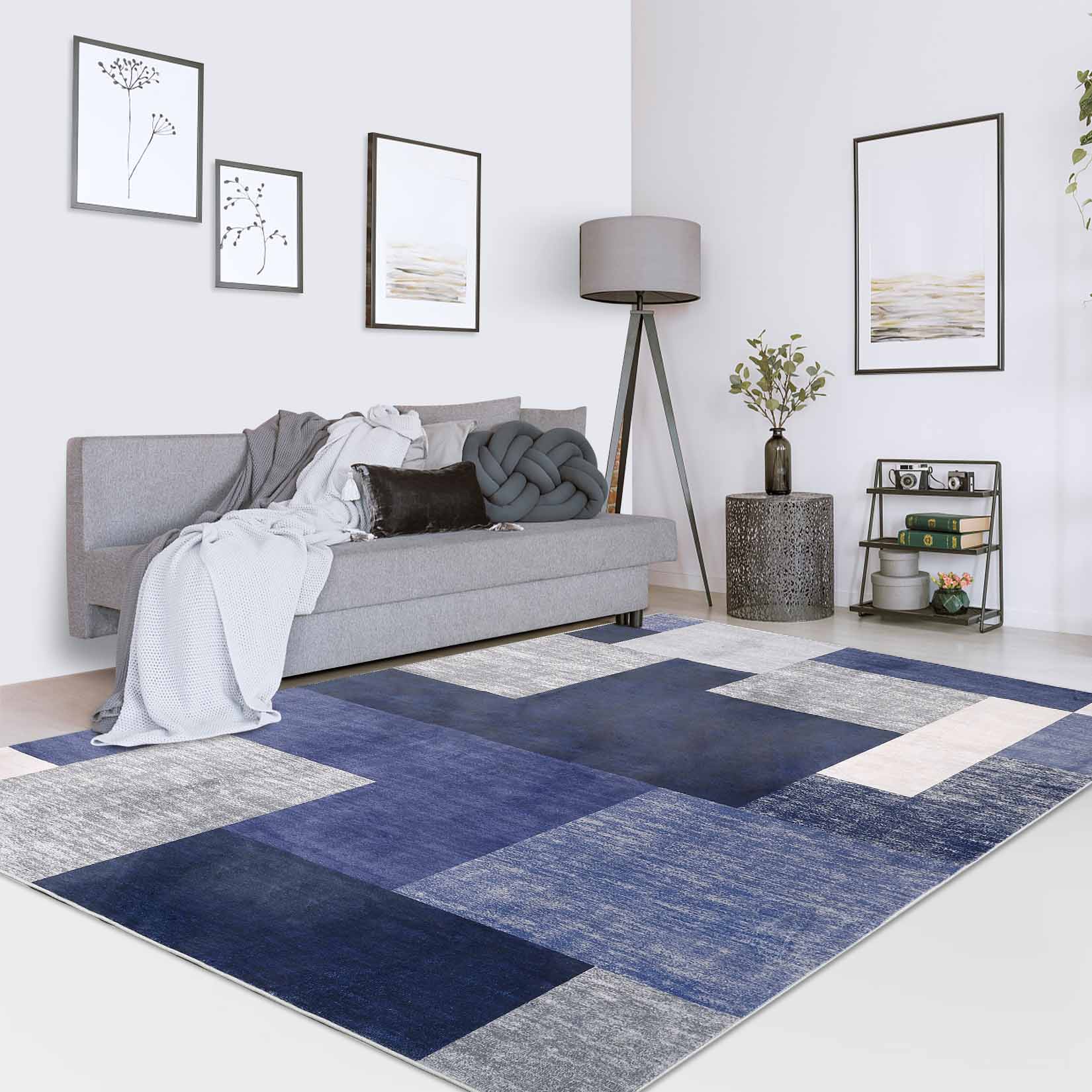 Garvee YXY-LO-PHO-0VUF4PXJ 9 x 12 (ft) Loomed Polyester Blue Rectangular Indoor Geometric Mid-Century Modern Machine washable Area rug