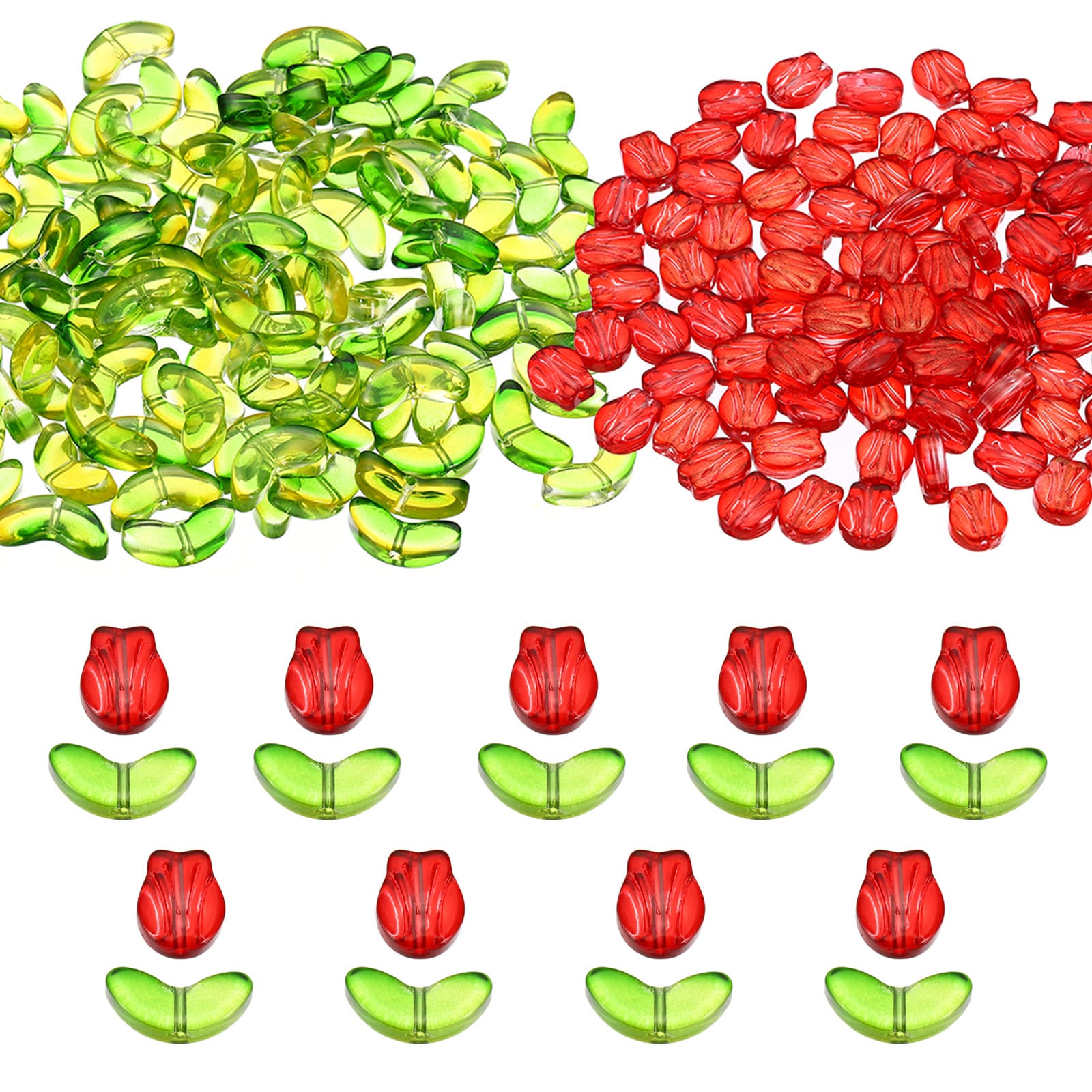 PATIKIL Tulip Flower Crystal Glass Beads 200pcs Texture Flower Bead Handcrafted Glass Spacer Bead for Jewelry Making Bracelet Earring Red/Green