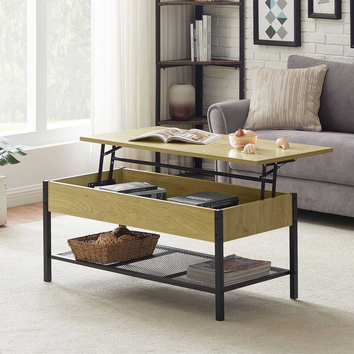 JASMODER W129547843 Wood Lift-Top Storage Coffee Table With Hidden Storage Compartment,41.7 X 19.7 X 18.5Inch,For Living Room Office Reception Room