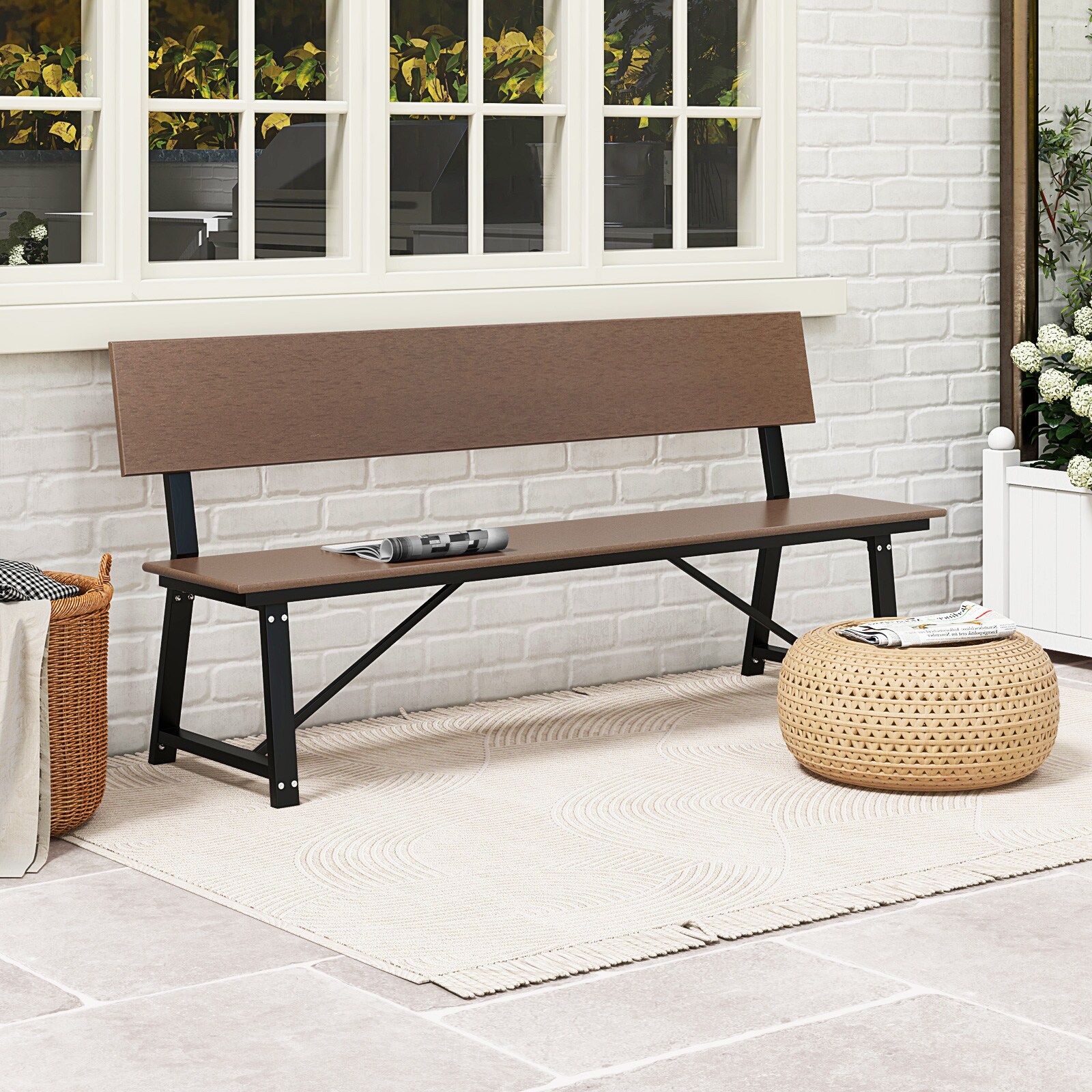 Slickblue 72 Inch W x 34 Inch H- Brown Black- HDPE Metal Outdoor Bench ...