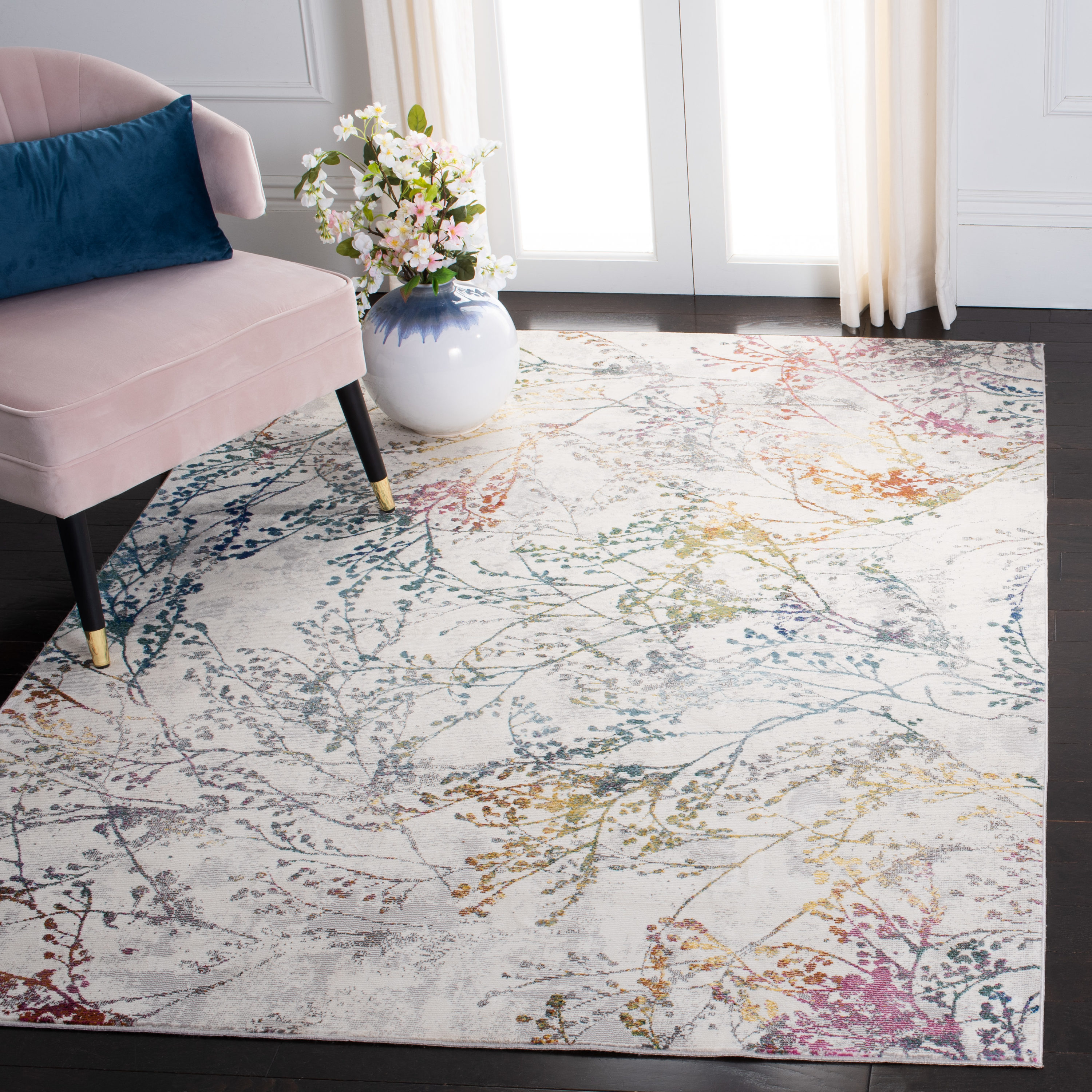 Ivory and Multicolor Synthetic Rectangular 9' x 12' Area Rug