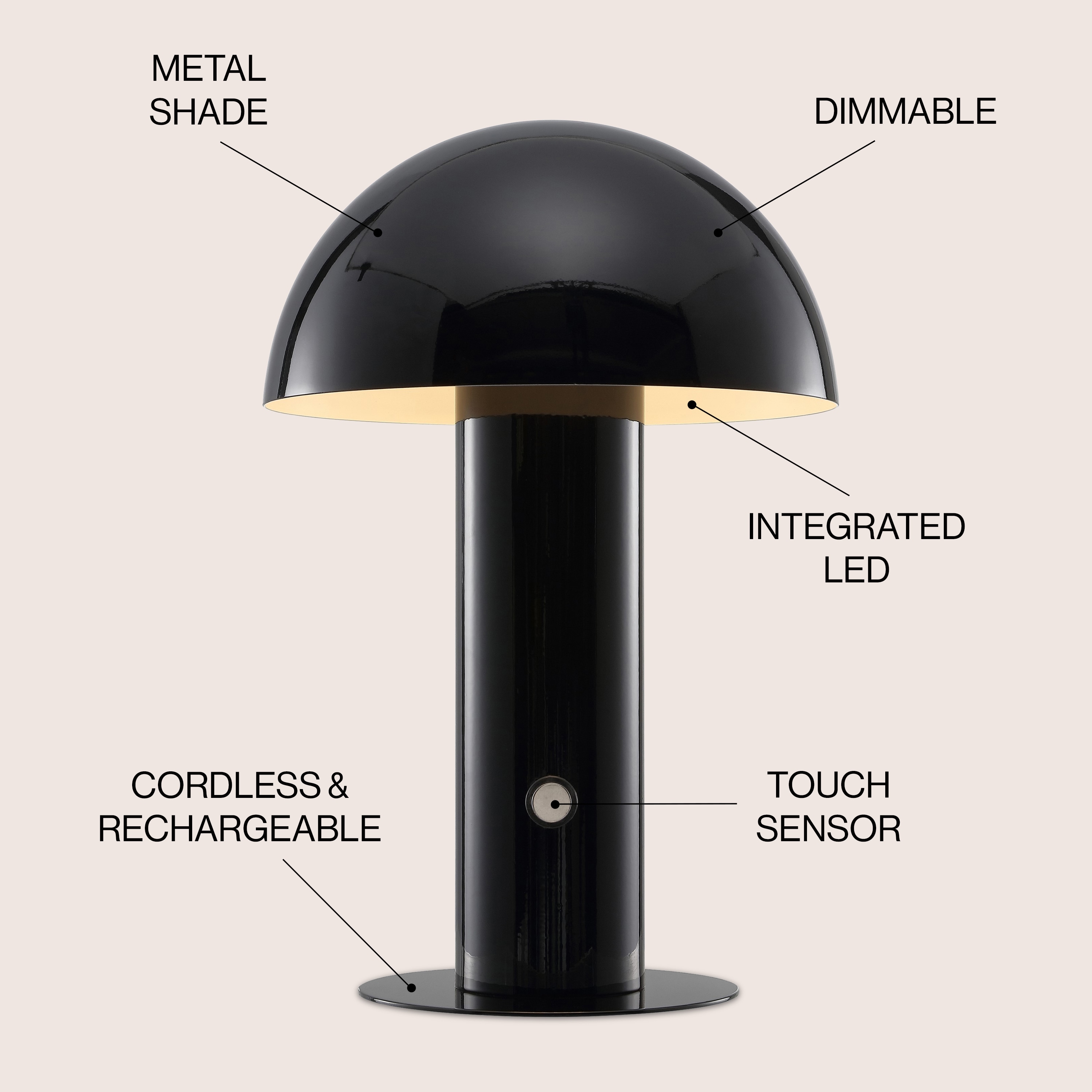 Black Cordless Iron LED Mushroom Table Lamp