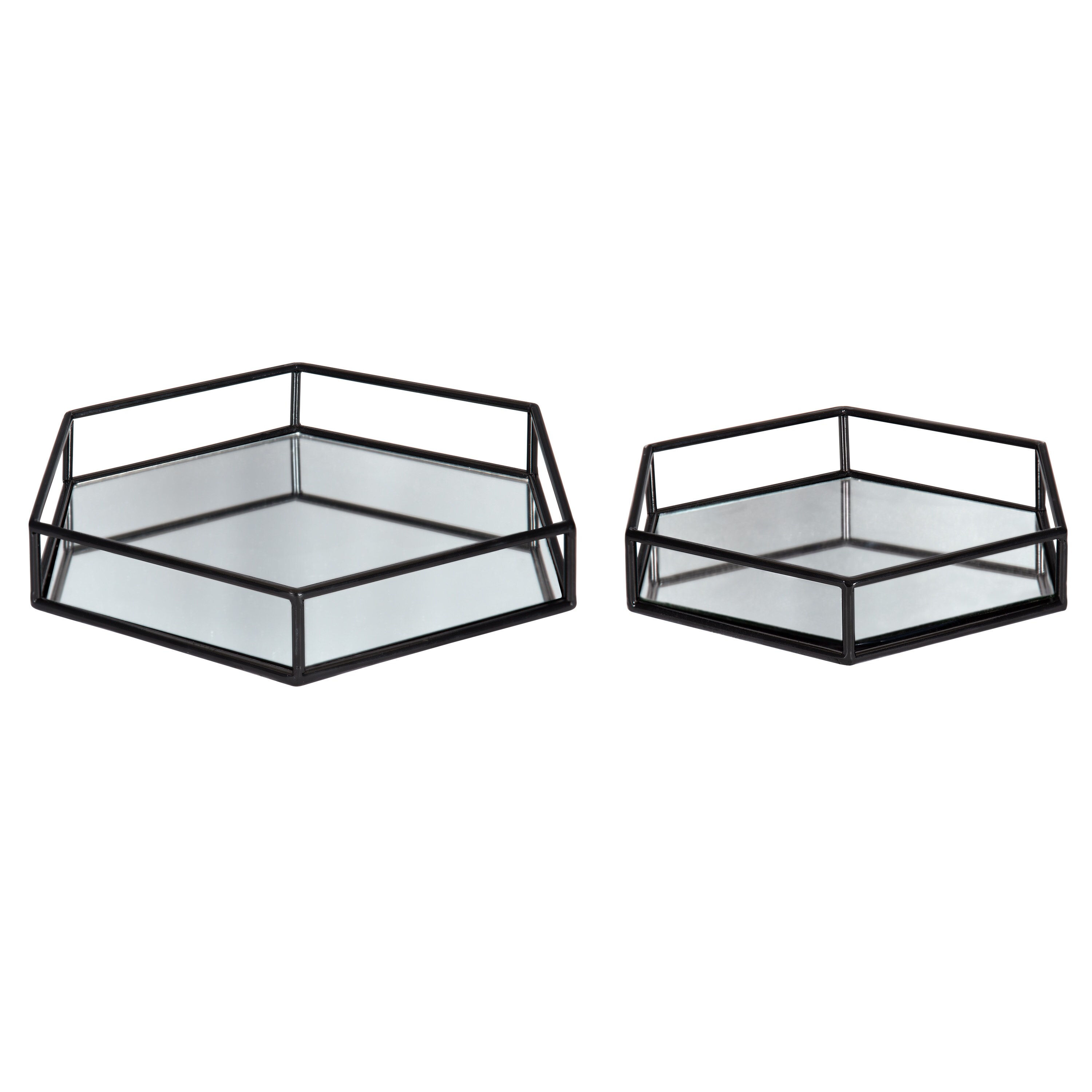 Black Hexagonal Metal and Mirrored Glass Decorative Trays, Set of 2