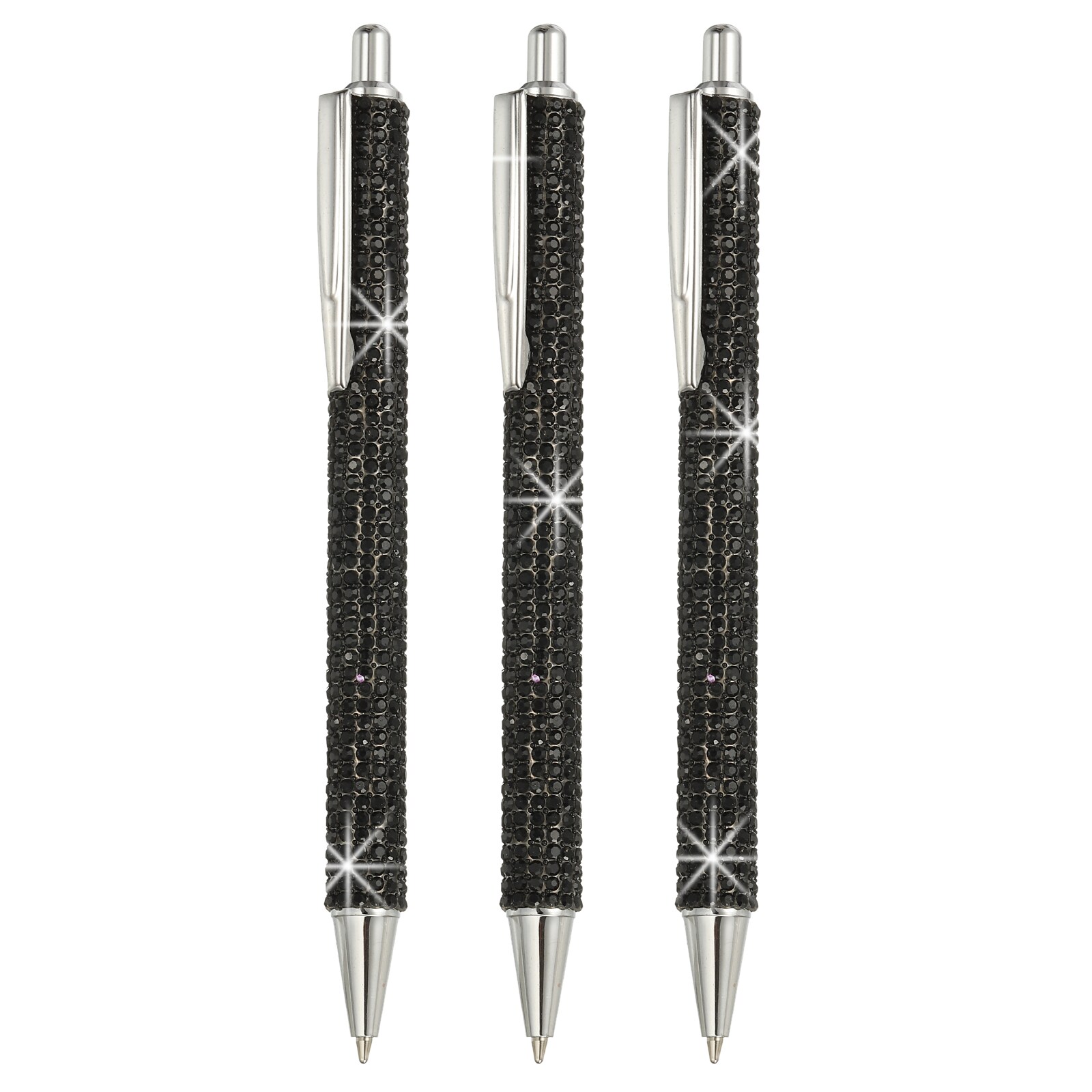 Unique Bargains Rhinestone Metal Ballpoint Pen 3 Pack Crystal Diamond Pens Black Ink 1.0mm Point Sparkly for Women Gift Office Note Taking Journaling