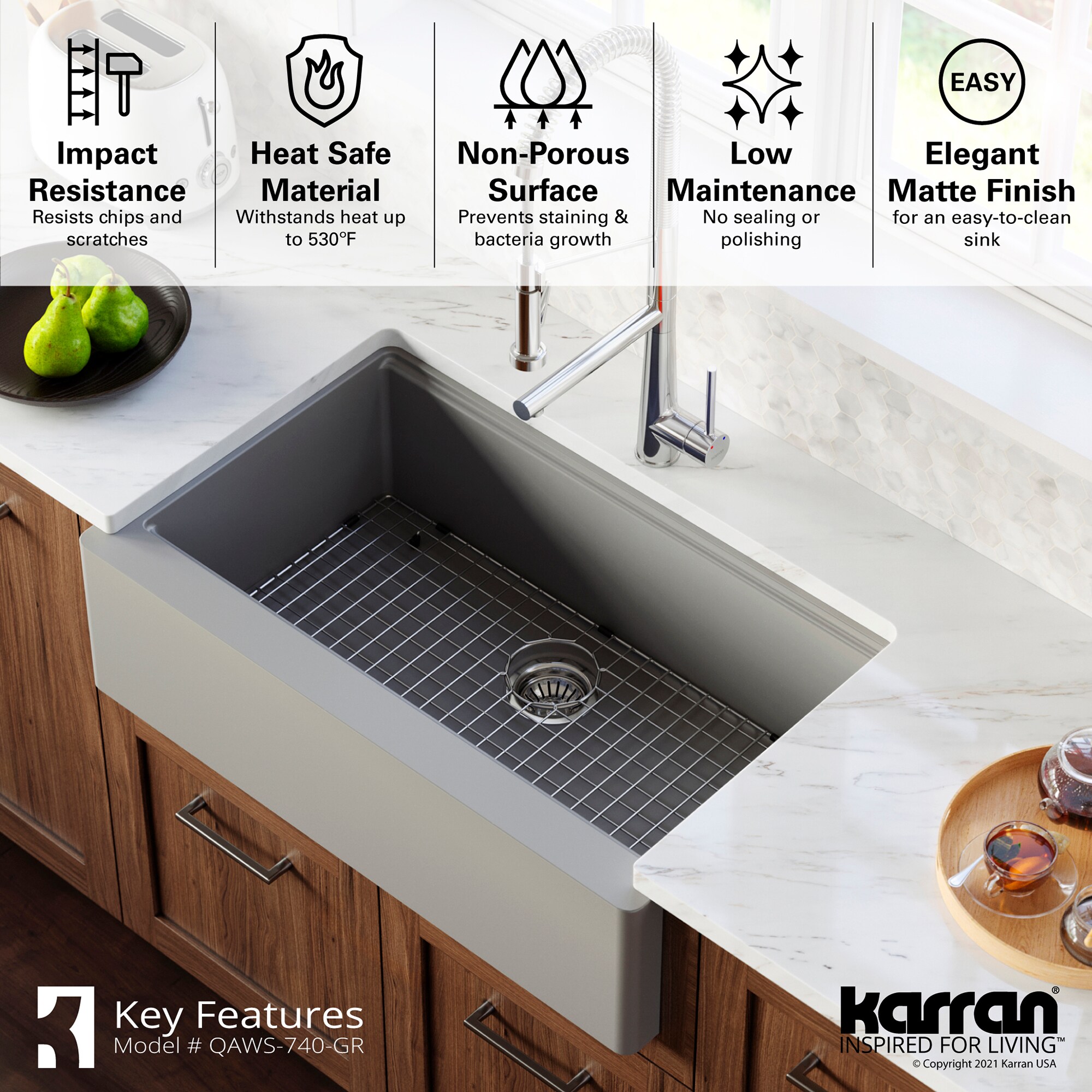 Karran Farmhouse Apron Front 34-in X 21.25-in Grey Quartz Single Bowl 