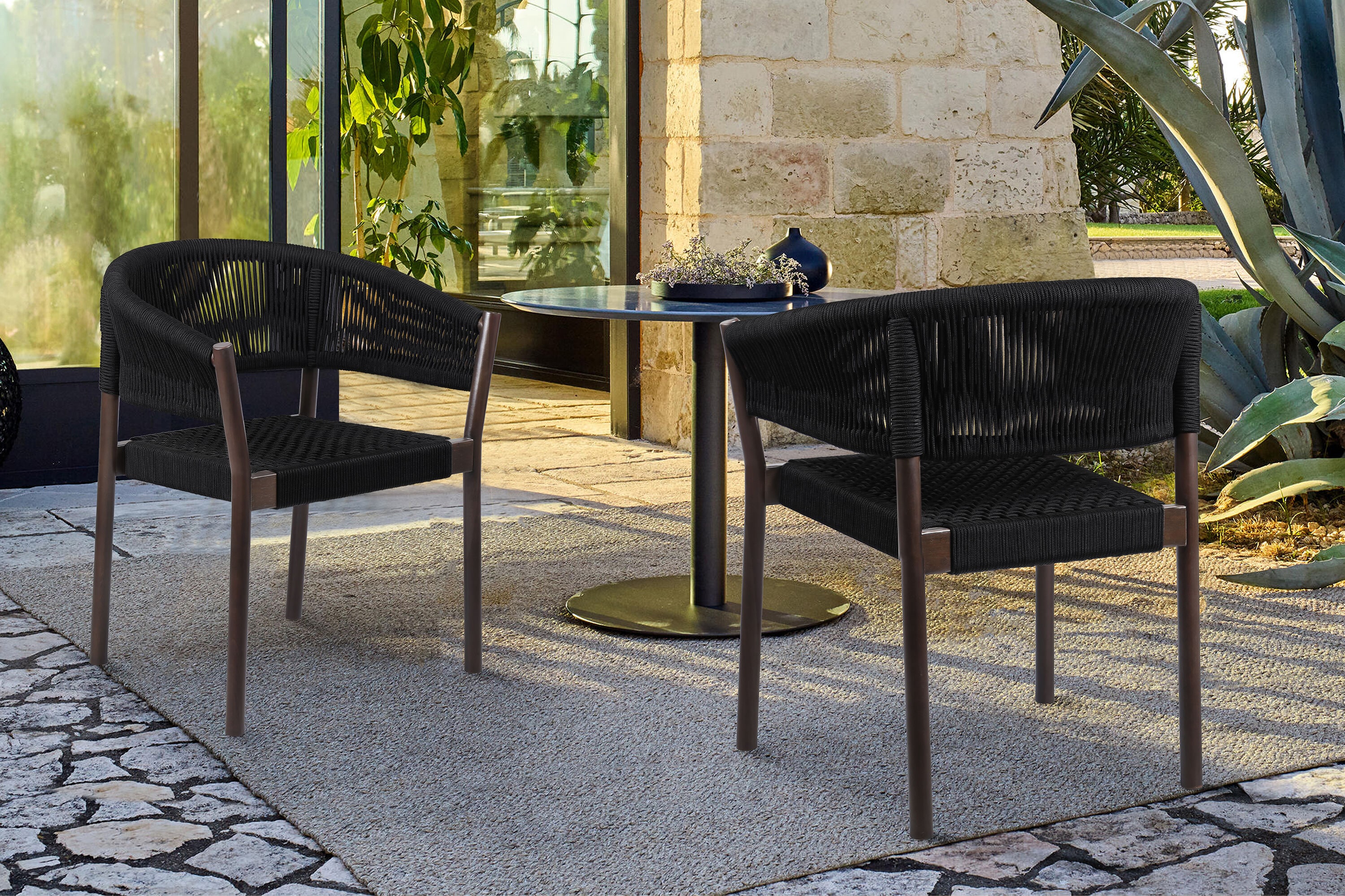 Dark Eucalyptus and Black Rope Arm Dining Chairs with Cushions
