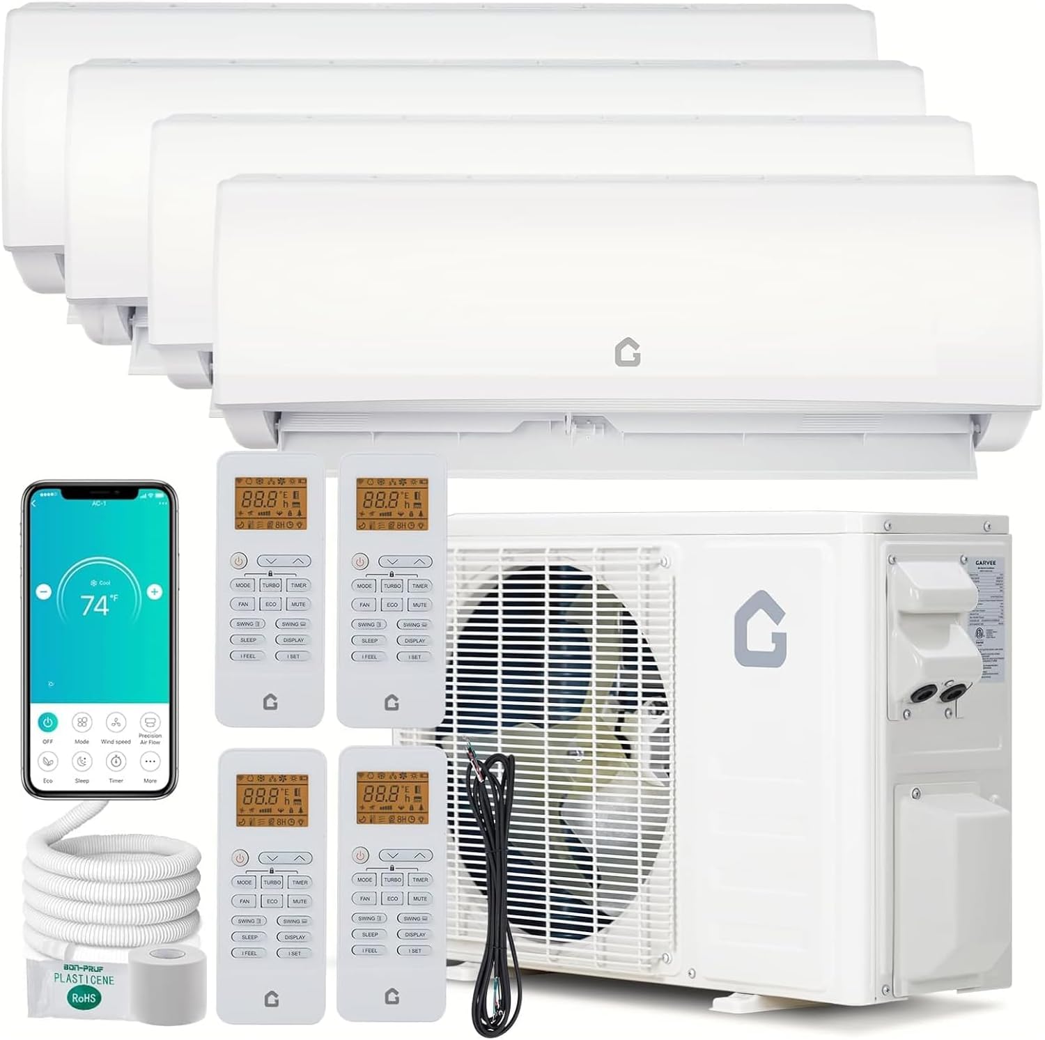 GarveeLife Fresh Stock Just In-35000 BTU 4-Zone Mini Split AC/Heating System 9000+9000+12000+18000 BTU 19 SEER2 208-230V WiFi Alexa Control Pre-Charged Condenser Ultra-Quiet Ductless Wall Mounted