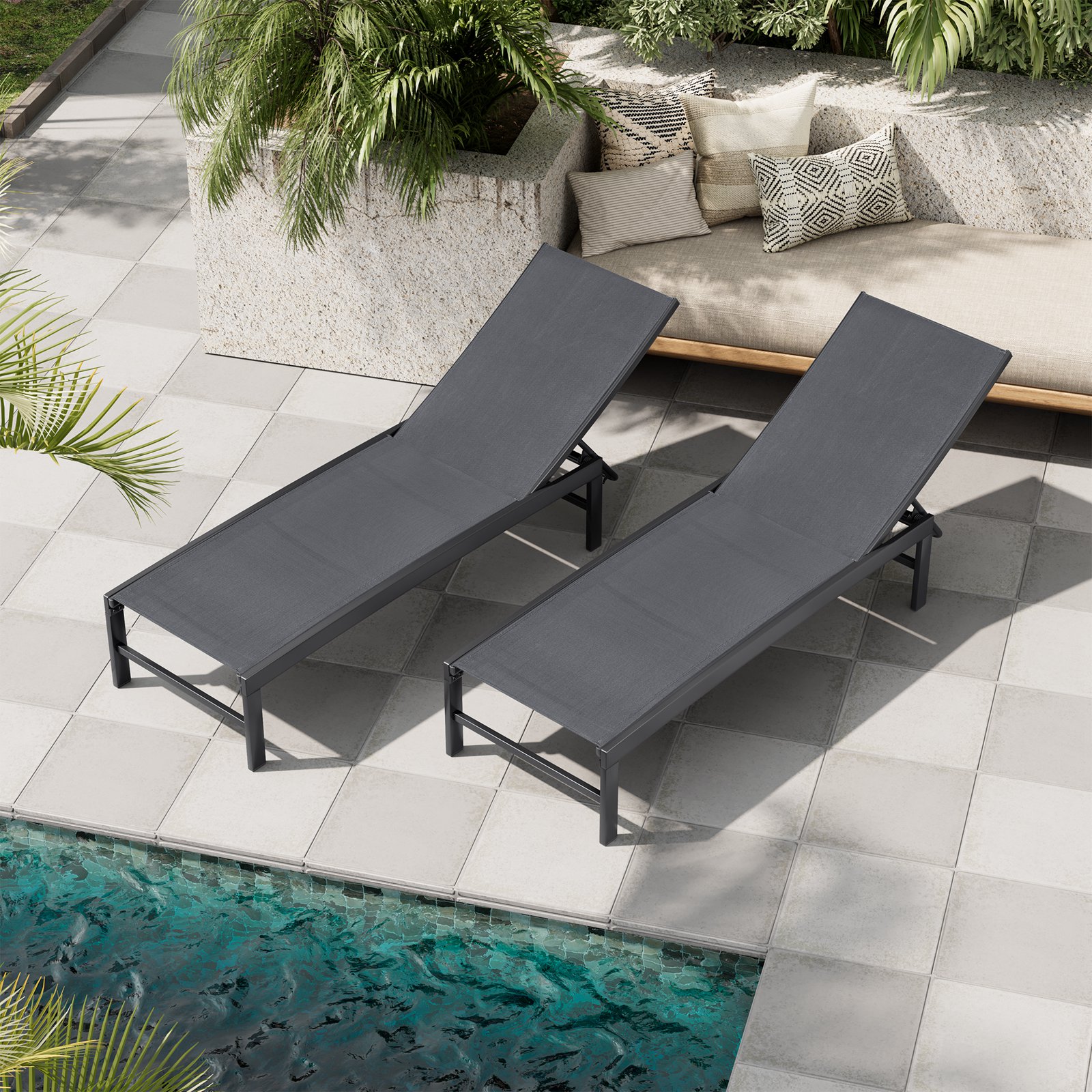 Crestlive Products Set of 2 Black Metal Frame Stationary Chaise Lounge Chairs with Mesh Seat