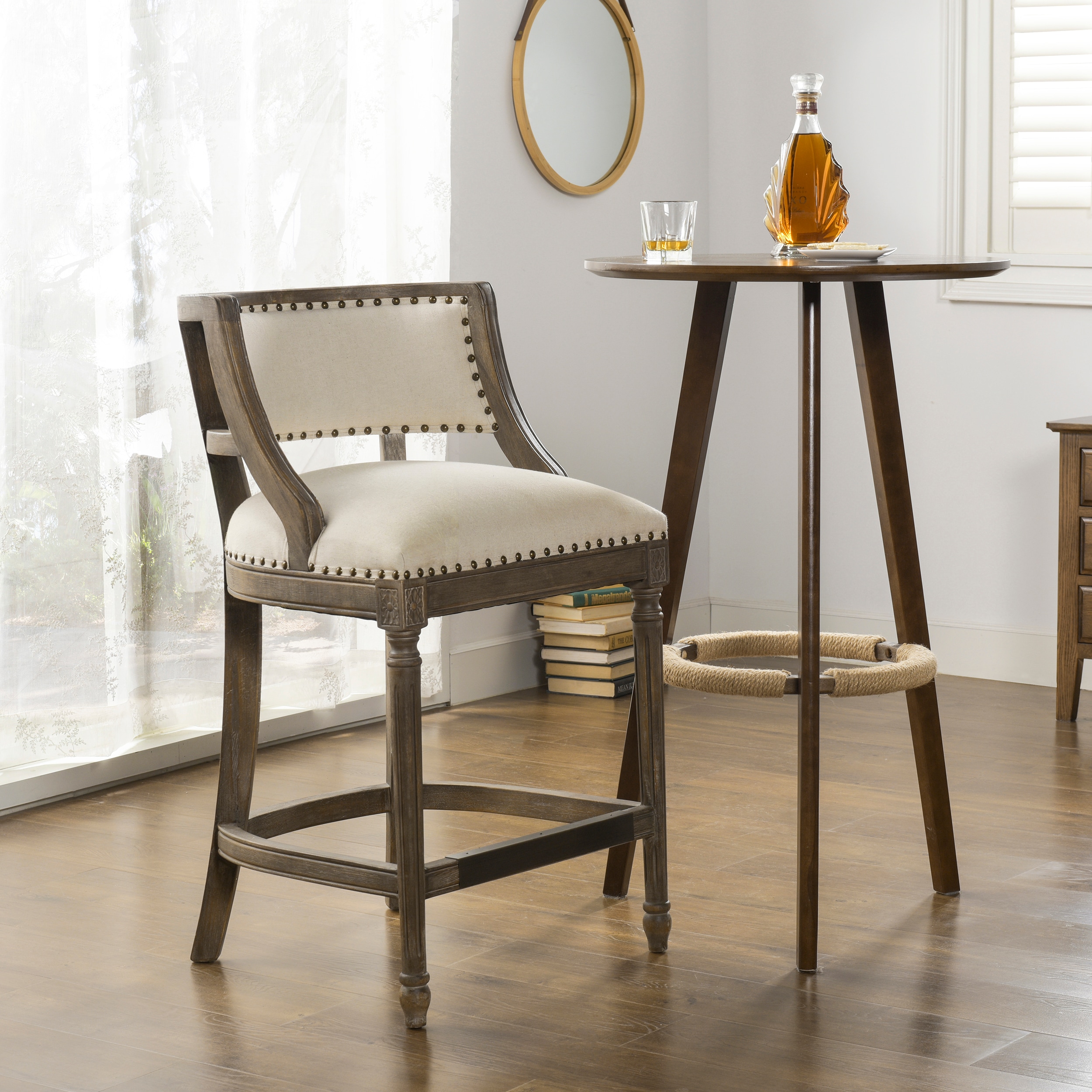 Elegant Light Beige Leather-Wrapped Bar Stool with Brass Accents