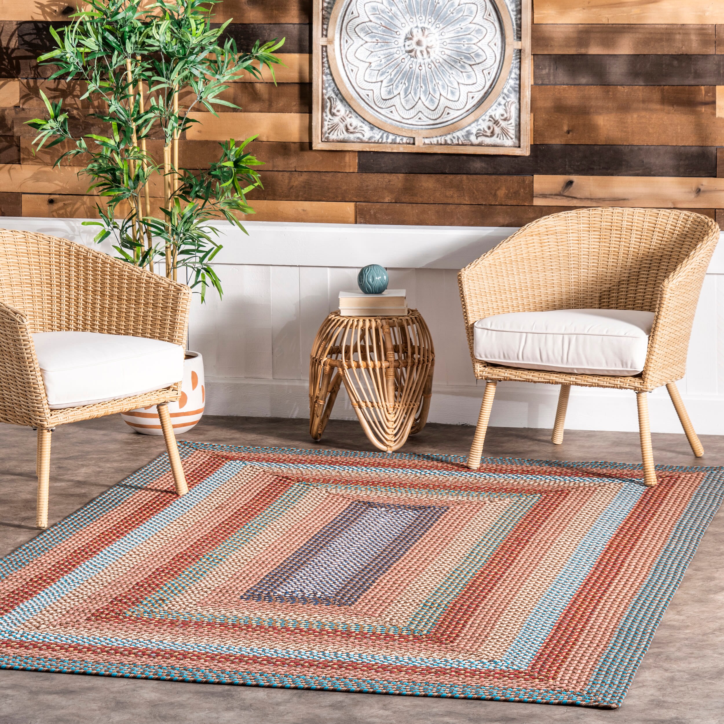 nuLOOM HJFV14C-508 Festival 5 x 8 (ft) Braided Polypropylene Green Multi Rectangular Indoor/Outdoor Stripe Area rug