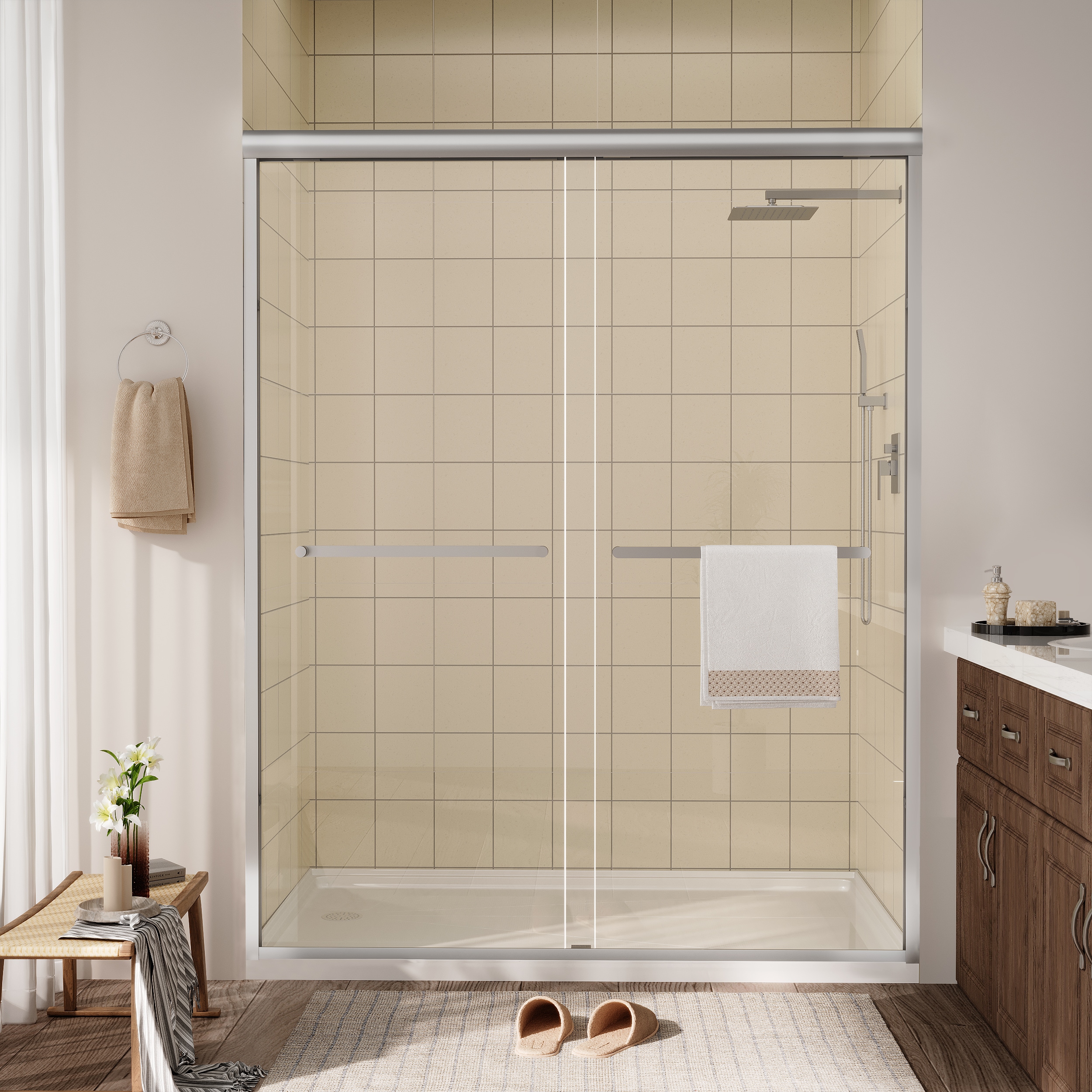 ONWITH Sliding Framed Shower Door Brushed Nickel 56 in.-60 in. W x 72 in. H Clear Tempered Glass Double Sliding Bypass with Towel Bar