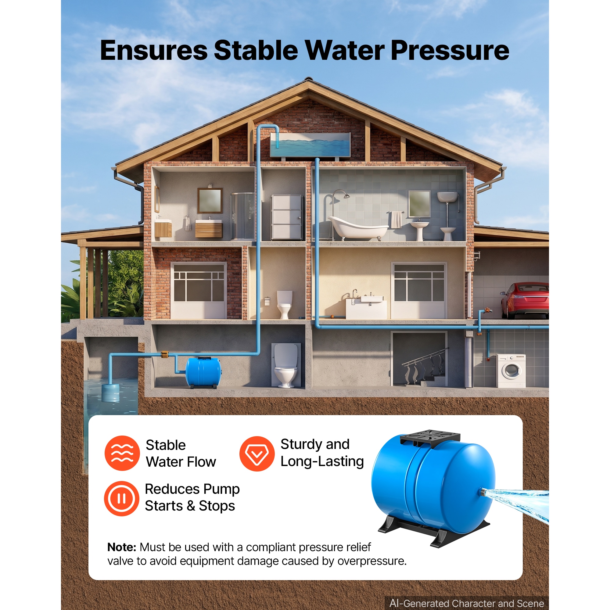 VEVOR 14-Gallon Horizontal Well Pressure Tank Pre-Charged Pressurized ...