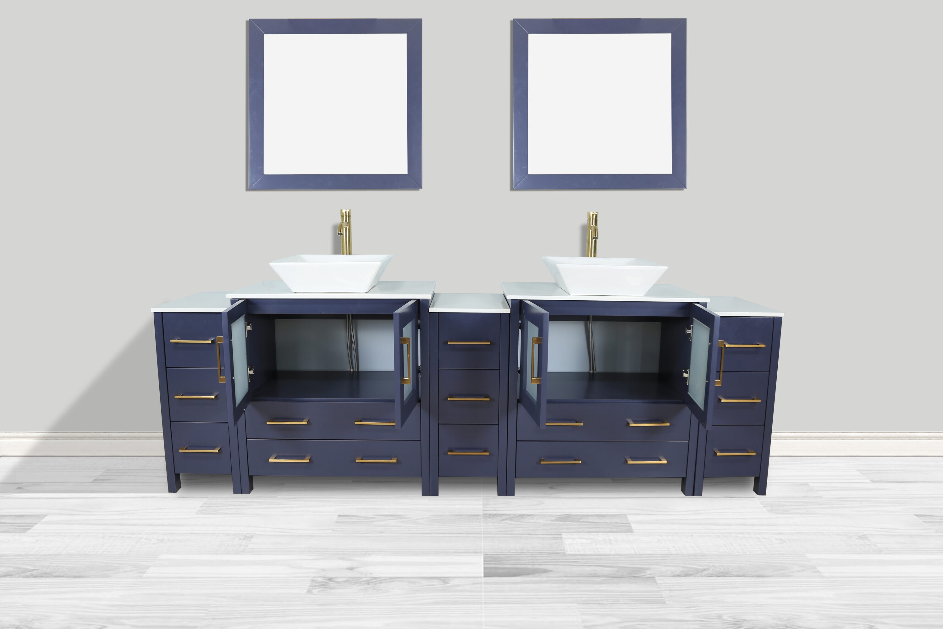Vanity Art Ravenna 96 Double Gray Freestanding Vanity Set With White  Engineered Marble Top, 2 Ceramic Vessel Sinks, 2 Side Cabinets and 2 Mirrors
