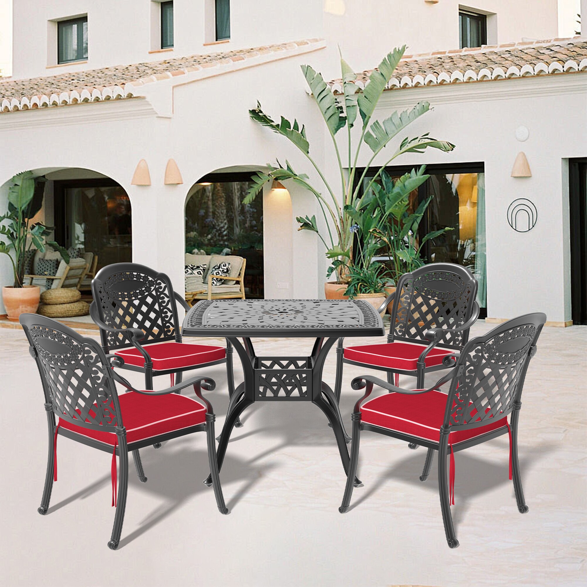 nicesure SLBK6008CZ4A1173RC 5 -Piece Black Patio Dining Set Aluminum Square Table with 4 Cushions Stackable Stationary Chairs