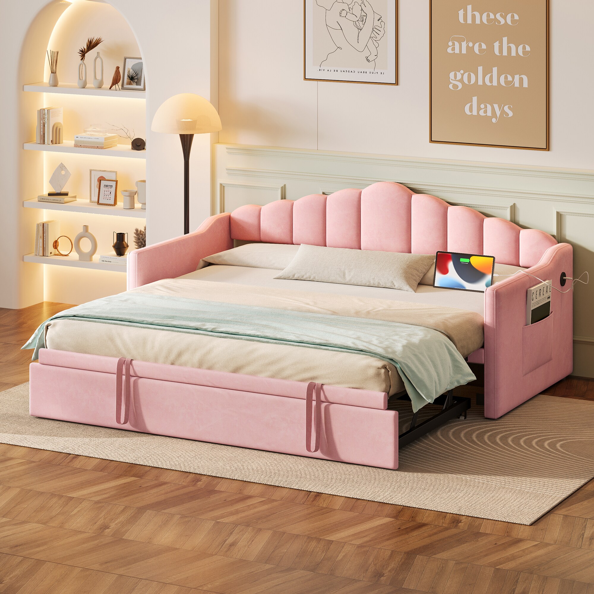 MooxvMoo Upholstered Twin Size Daybed with Adjustable Height Pop Up Trundle Twin Bed and USB Charging Port (Pink)
