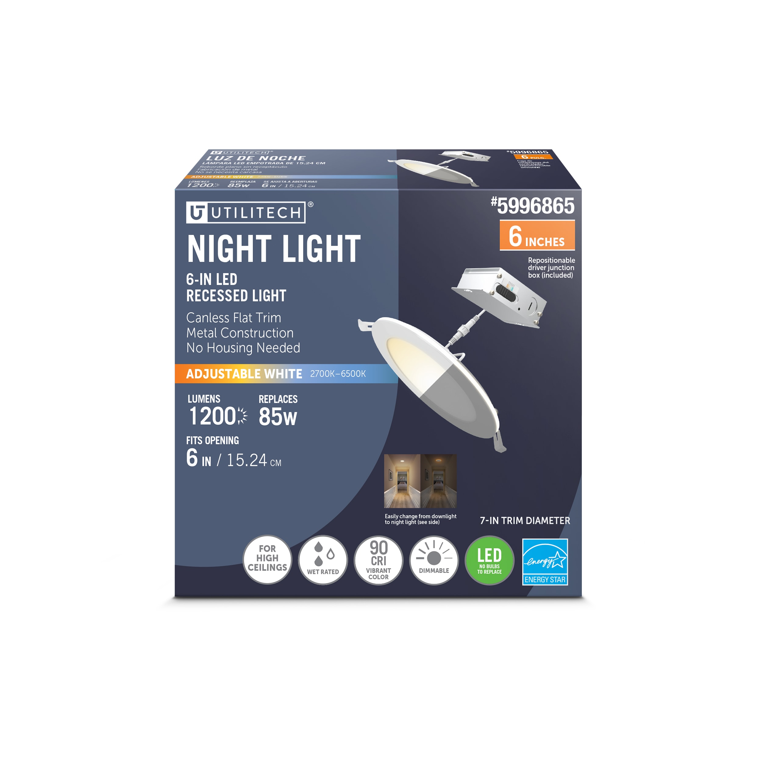 Utilitech LLEDR6XT/HO/NL/5CCT White 6-in 1200 -Lumens Switchable white Round Dimmable LED Wet rated Recessed Downlight