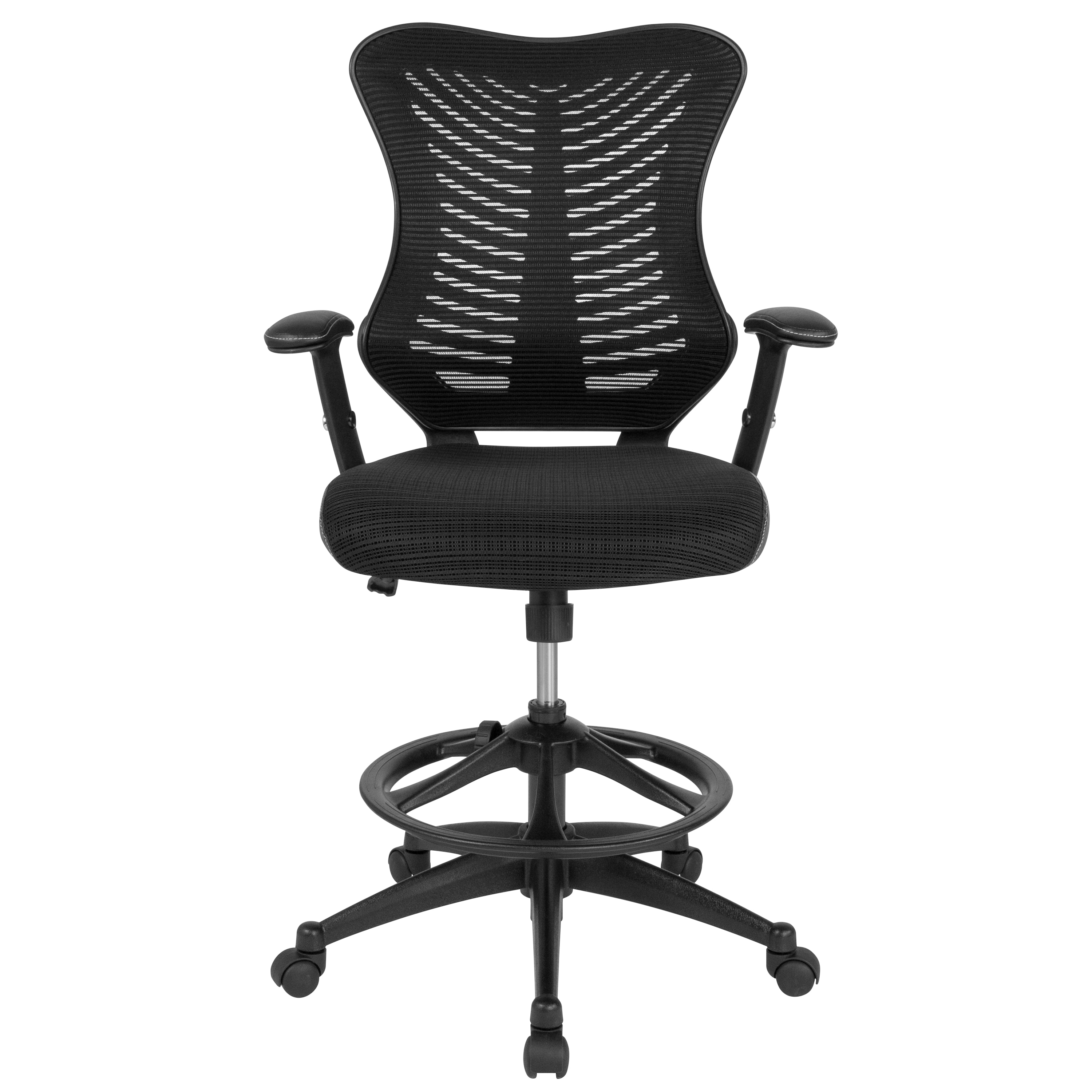 Ergonomic High Back Black Mesh Drafting Chair with Leather Accents