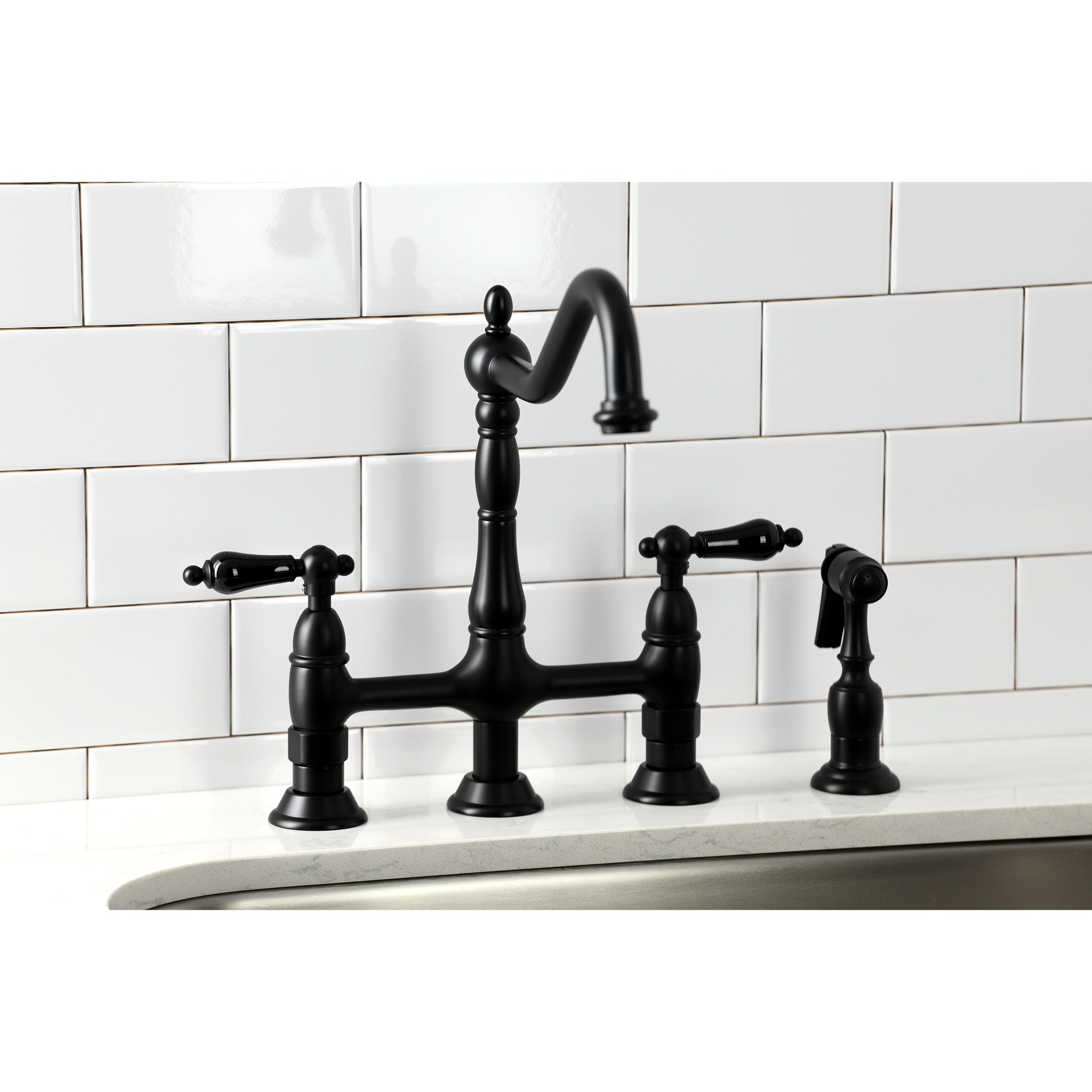 Kingston Brass WLKS1270PKLBS Duchess Matte black Double Handle Deck-mount Bridge Kitchen Faucet with Sprayer ( Side Sprayer Included )