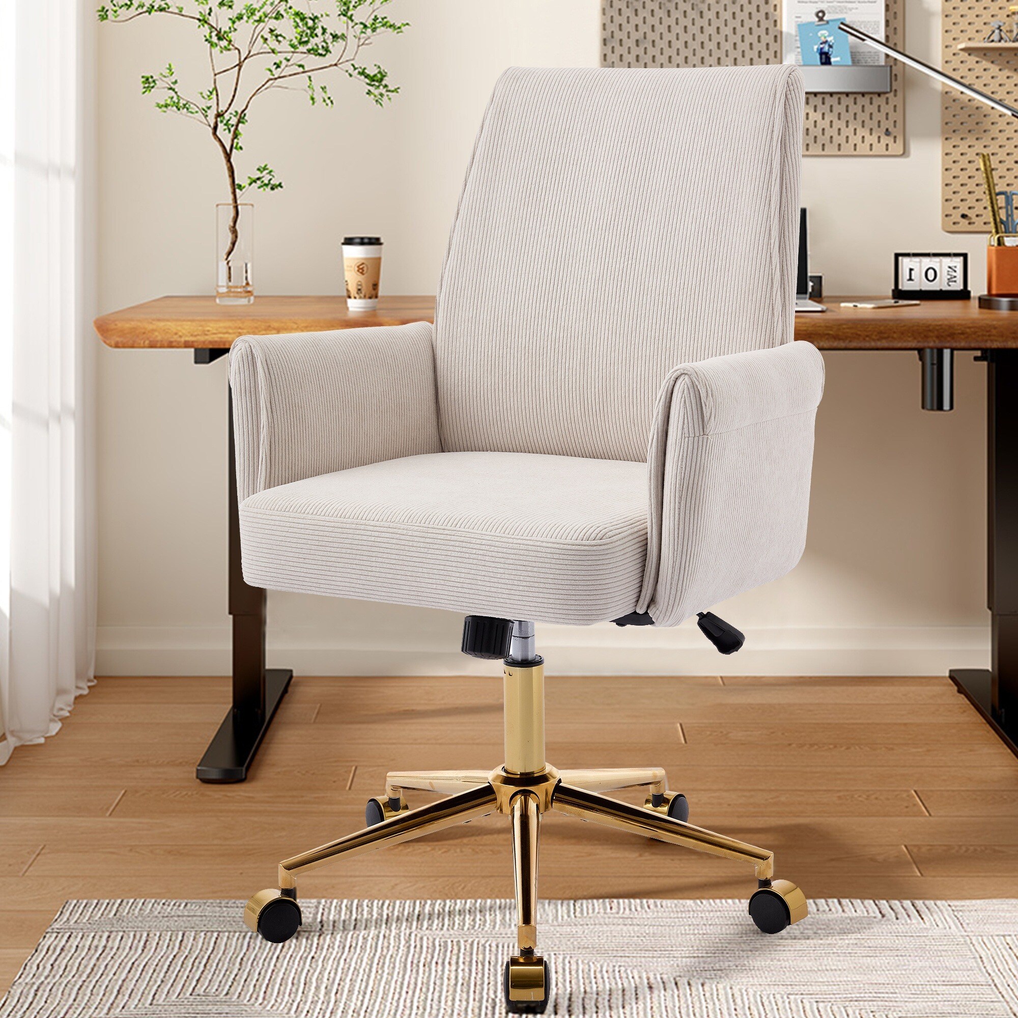 Horizons Prime 25 inch x 24 inch x 39 inch Cream Corduroy Mid-Back Liftable Office Chair with Ergonomic Lumbar Support